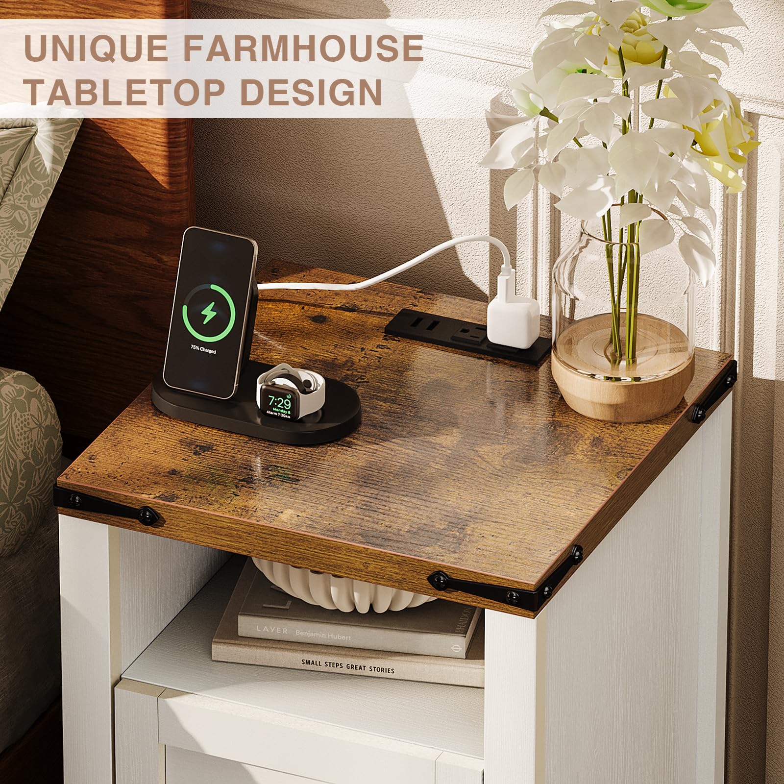 OneinMil 2-Piece Farmhouse End Table Set with USB Charging Station & Barn Door Storage - Nightstand, Sofa Side Table for Living Room, Bedroom - Perfect for Small Spaces & Home Office - White