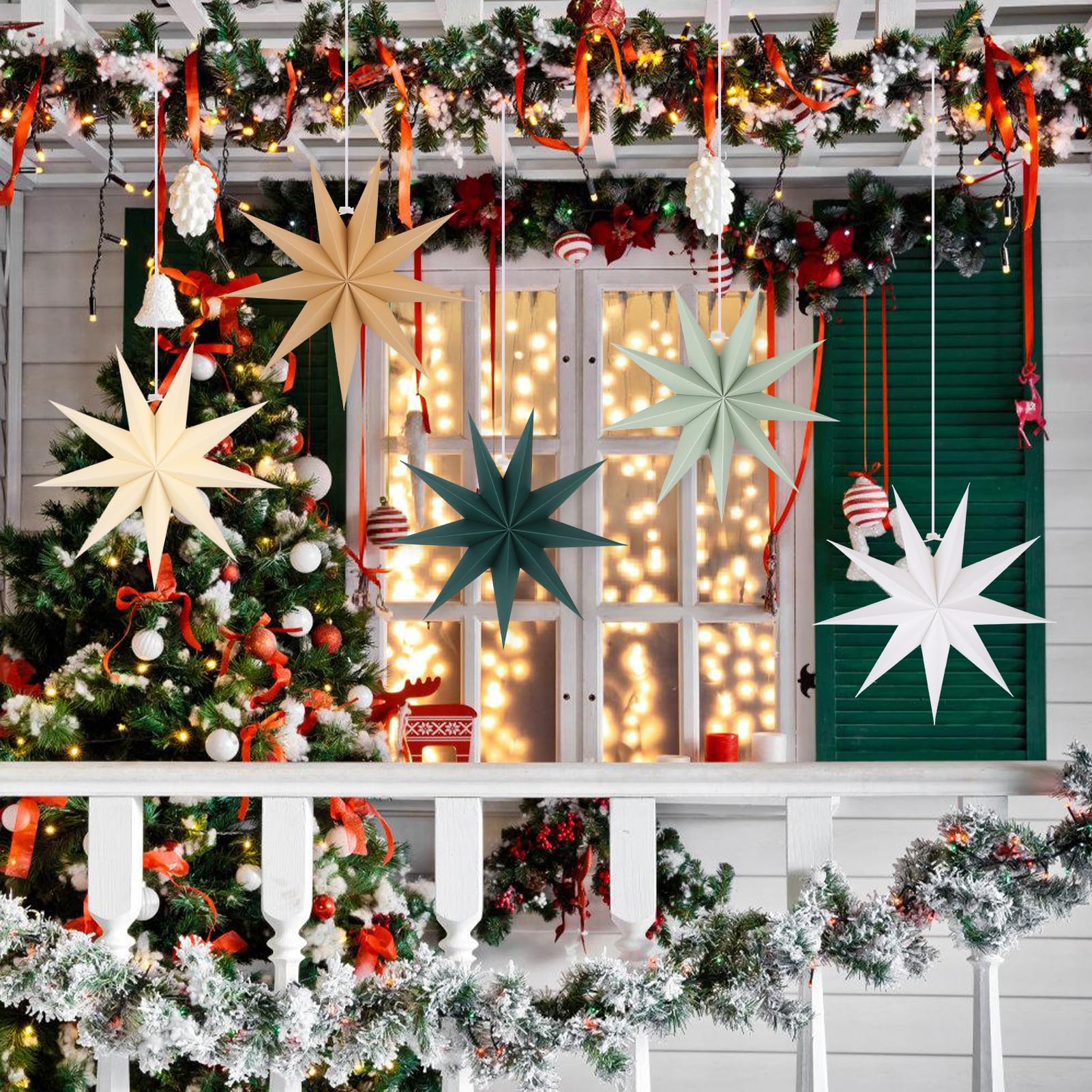 5 Pack Sage Green Paper Star Lanterns - 12 Inch Hanging Christmas Party Decorations for Home, Wedding, Birthday & Holiday Celebrations - Elegant Hanging Lampshade for Indoor Festive Decor