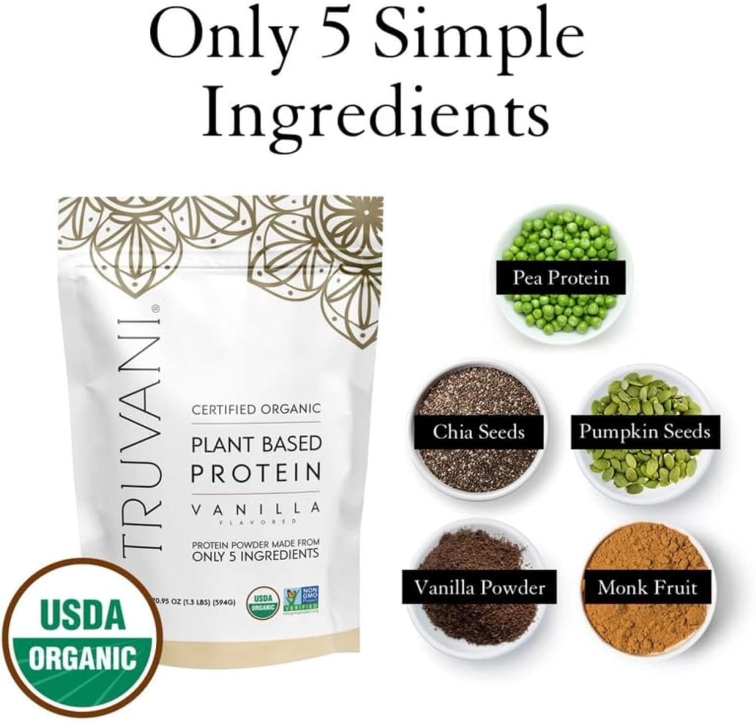 Truvani Vegan Protein Powder - Vanilla Flavor, 20g Organic Plant-Based Protein, 18 Servings | Keto, Gluten-Free, Dairy-Free, Low Carb, No Sugar Added | Perfect for Smoothies, Baking & Post-Workout Recovery