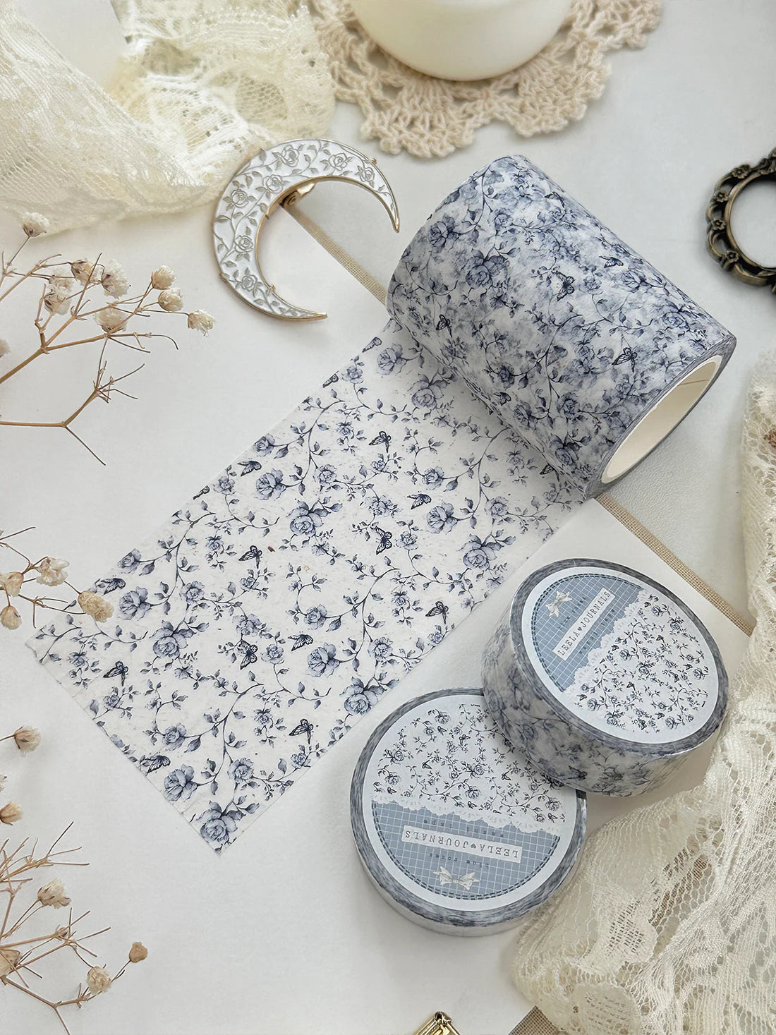 Blue Porcelain Roses Washi Tape 60mm - Decorative Japanese Paper Tape for Scrapbooking, Journaling, Gift Wrapping & DIY Crafts