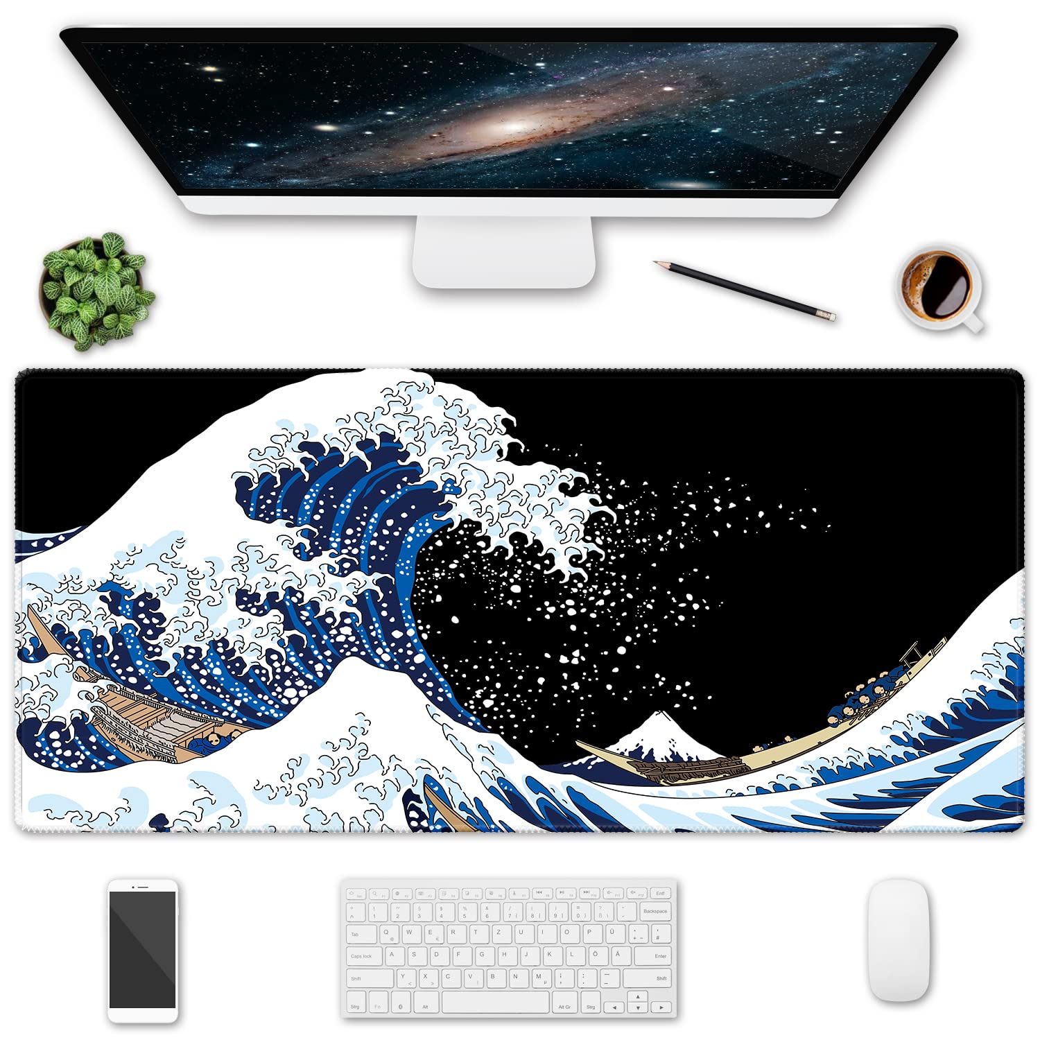 XXL Gaming Mouse Pad 35.5x15.75 Inch - Non-Slip Large Desk Pad with Stitched Edges, Waterproof Keyboard Mouse Mat for PC, Laptop, Office & Home Use - Perfect for Gaming, Work & Study - Sea Wave Design