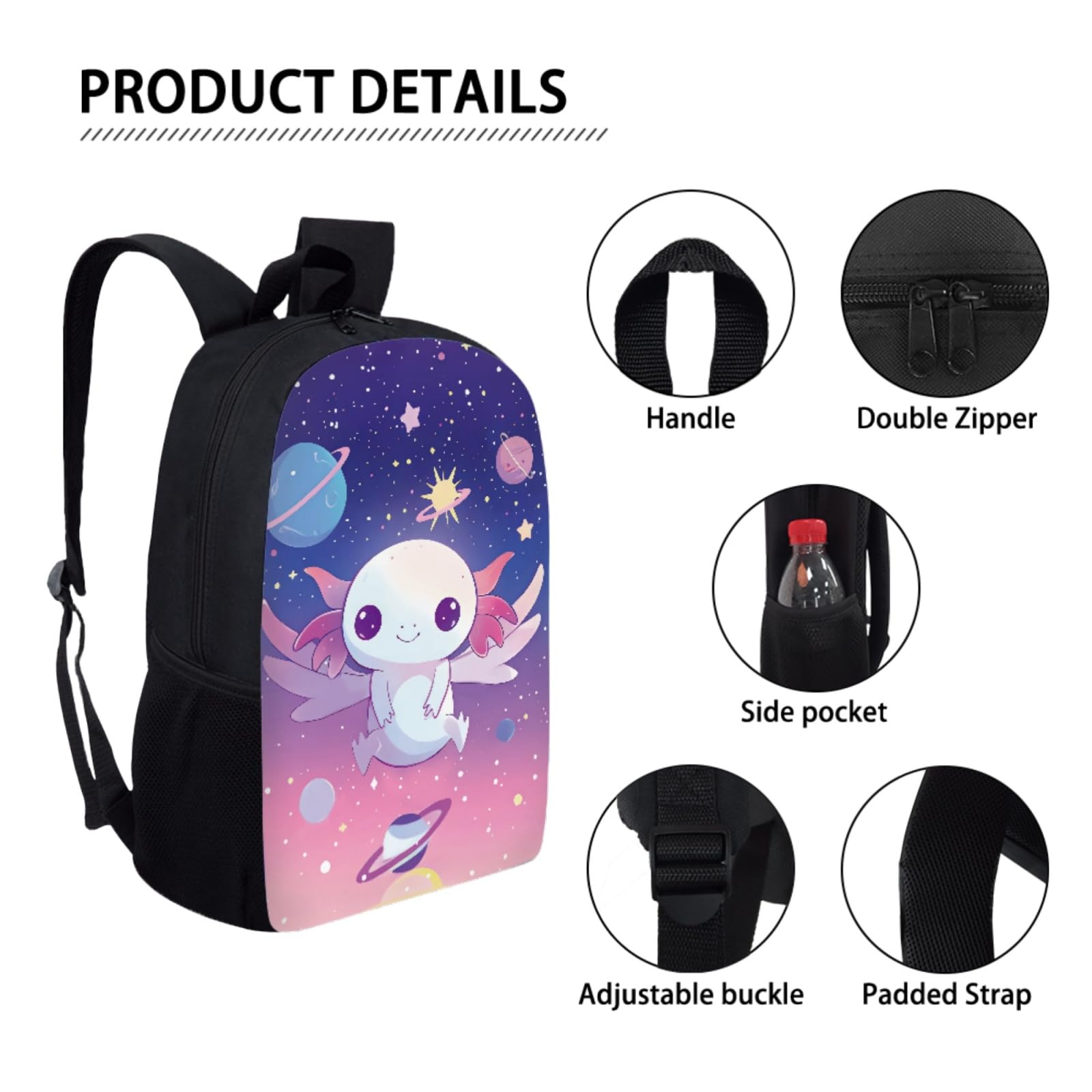 **Adorable Axolotl Backpack Set for Girls - Cute School Backpack with Lunch Box, Pencil Case & Bottle Holder - Perfect for Kindergarten & Elementary School - 4-Piece Bookbag Set for Daily Use & Outdoor Adventures**
