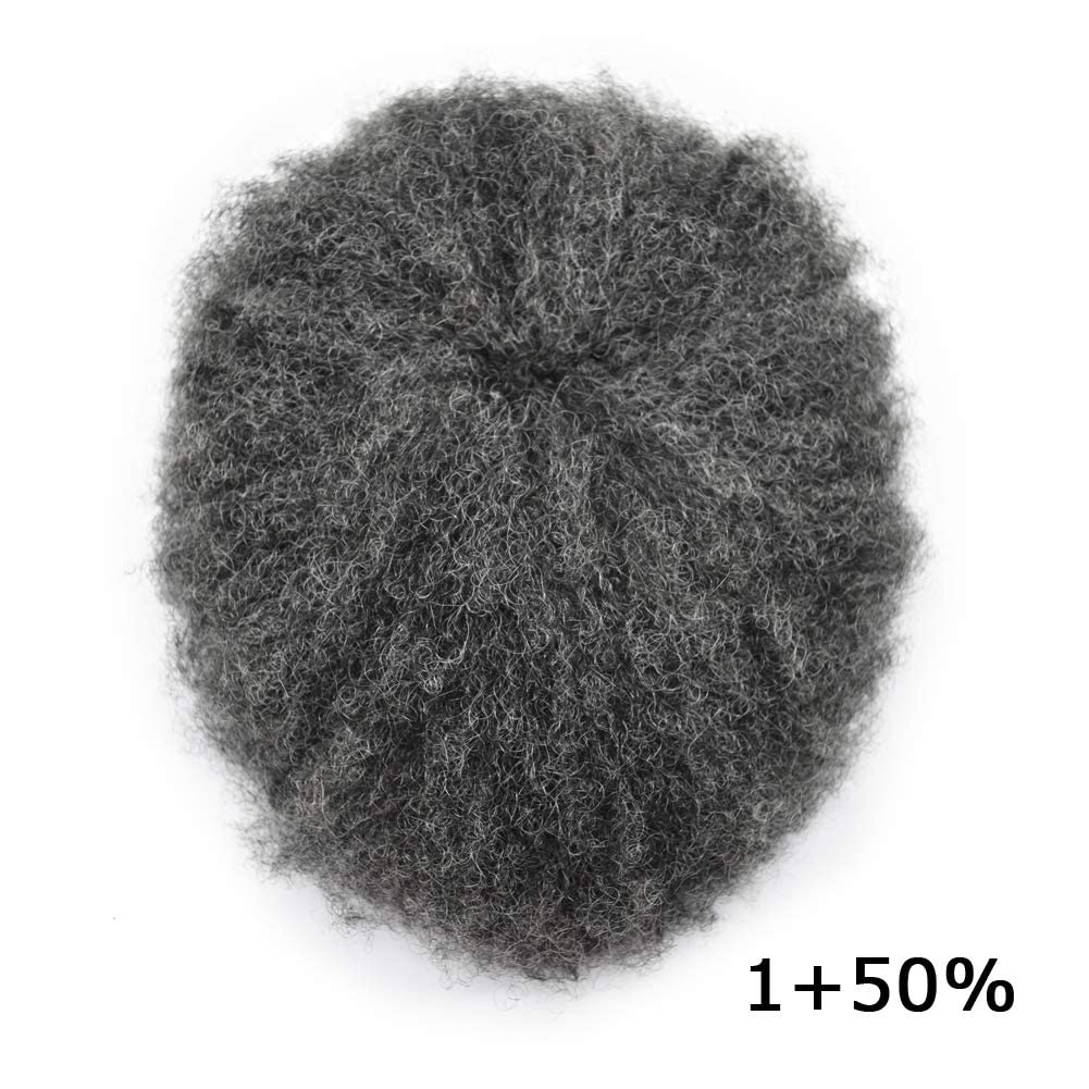 Afro Toupee for Black Men - Kinky Curly Human Hair Replacement System with Full French Lace | 8x10 Inch Afro Wave Wig for African American Men | Brazilian Human Hair Piece with Transparent Lace Base (#150 Jet Black with 50% Grey) - Perfect for Daily Wear, Special Occasions & Hair Loss Solutions
