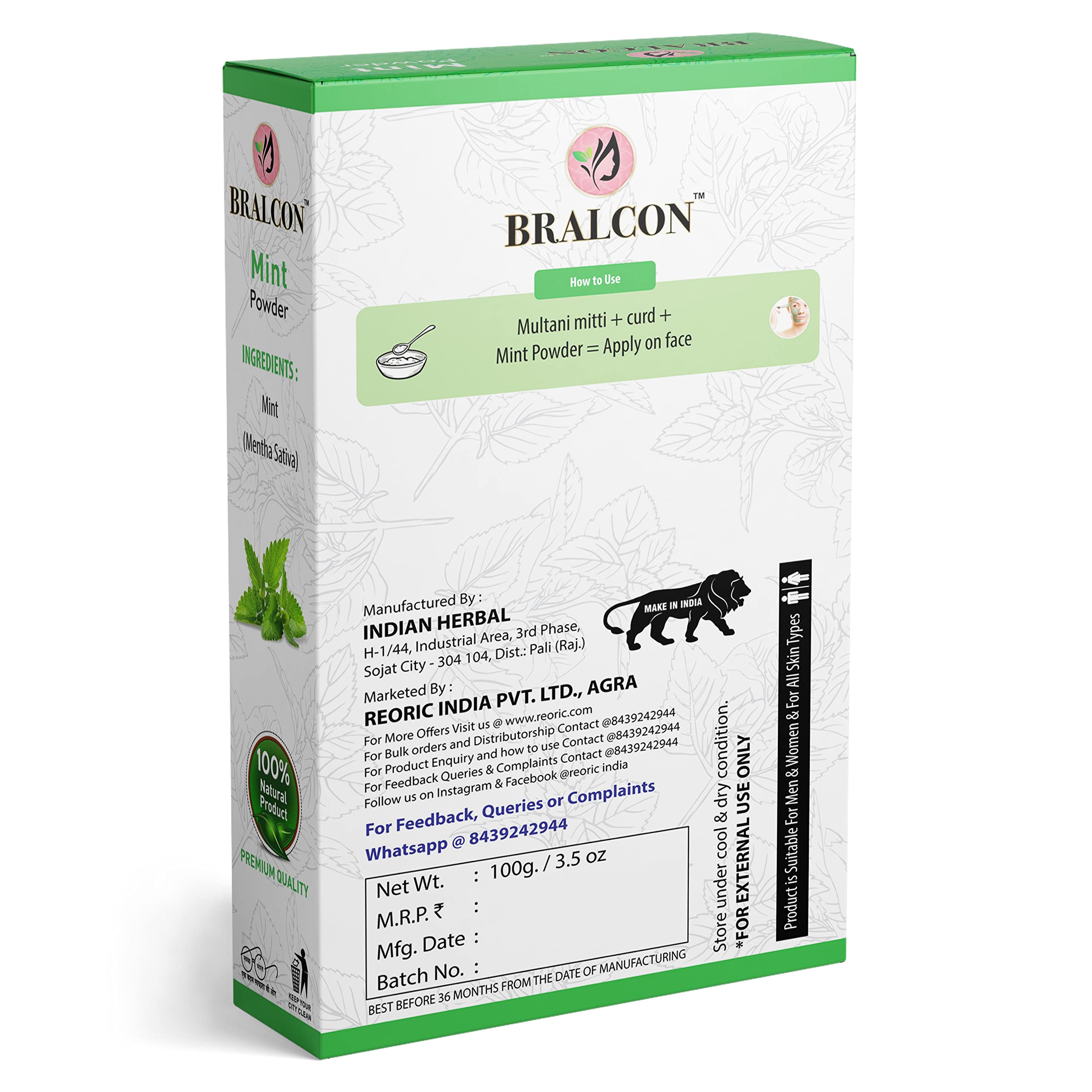 BRALCON Organic Orange Peel Powder & Mint Leaves Powder Combo - 200g (100g x 2 Pack) | Natural Skin Whitening, Oil Control & Hair Growth Treatment | Face Mask for Glowing Skin | DIY Beauty & Spa Care at Home