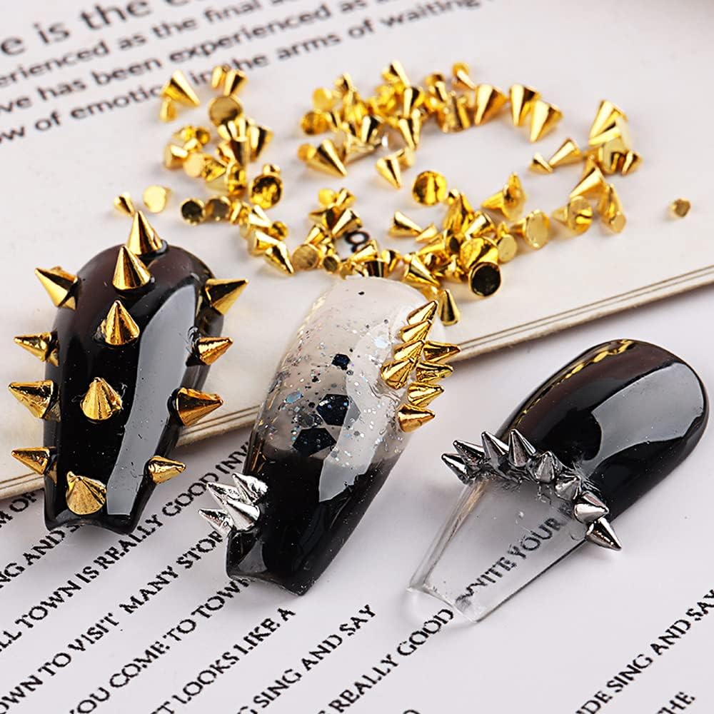 Mini Metal Rivet Punk Nail Charms - Gold & Silver Cone Nail Art Studs, Alloy Spike Studs for Acrylic Nails - DIY Nail Jewelry Decorations | Perfect for Gothic, Punk & Edgy Nail Art Designs