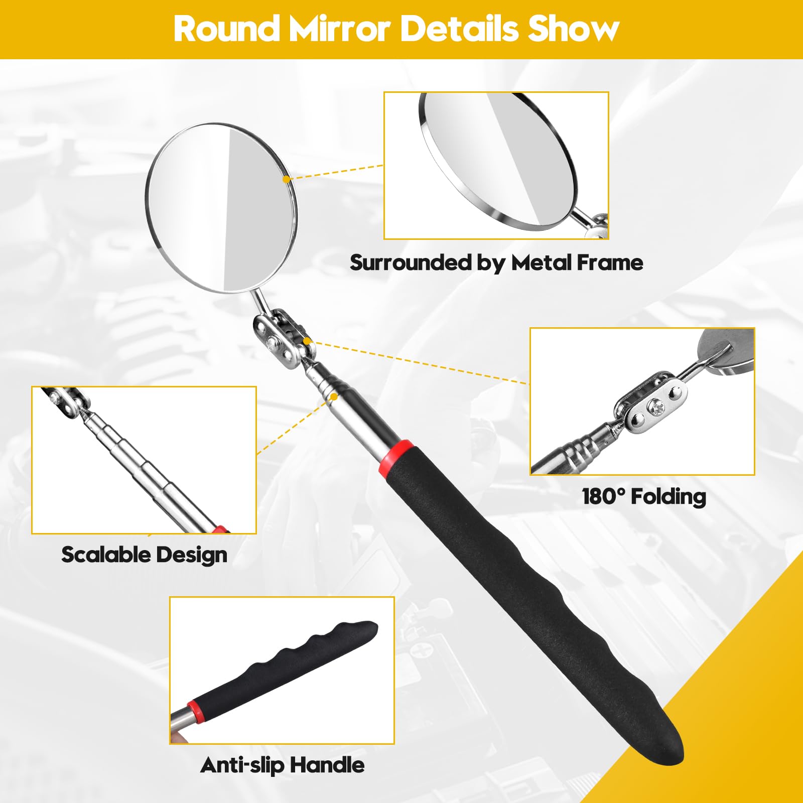 360° Rotating Telescoping Inspection Mirror - Flexible & Retractable Automotive Extension Mirror with Bendable Head for Vehicle Maintenance & Repair - Perfect Gift for Men (Use: Checking Under Cars, Inspecting Engine Parts, Home DIY Projects)