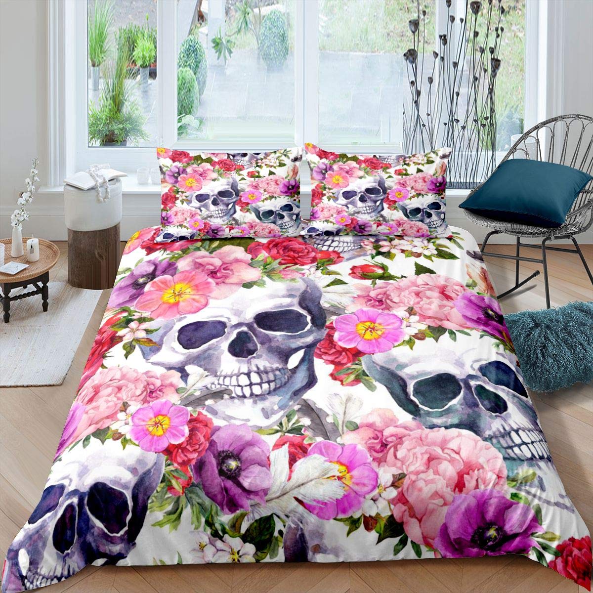 Feelyou Girls Rose Skull Bedding Set - Gothic Skeleton Pattern Duvet Cover for Kids, Teens & Women - Bright Floral Design Twin Size Comforter - Perfect for Gothic Bedroom Decor, Teen Room Makeover & Unique Gift Ideas