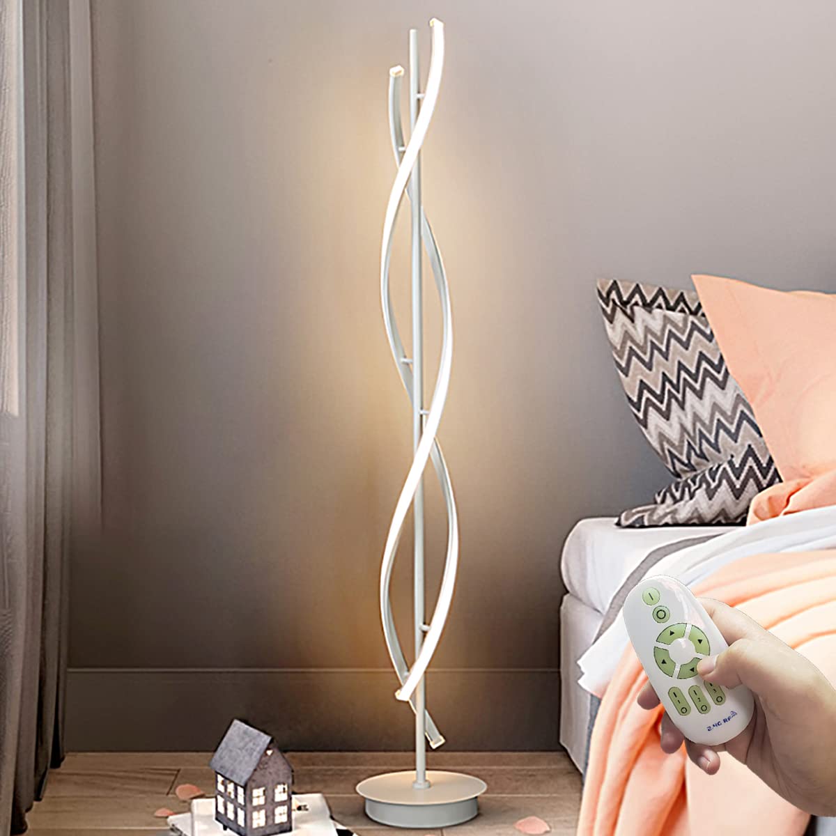 61-Inch Tall 60W DNA Spiral LED Floor Lamp - Modern Nordic Style Standing Light with 3-Color Remote Control & Dimmable White Light for Living Room, Bedroom, Office Decor and Ambient Lighting
