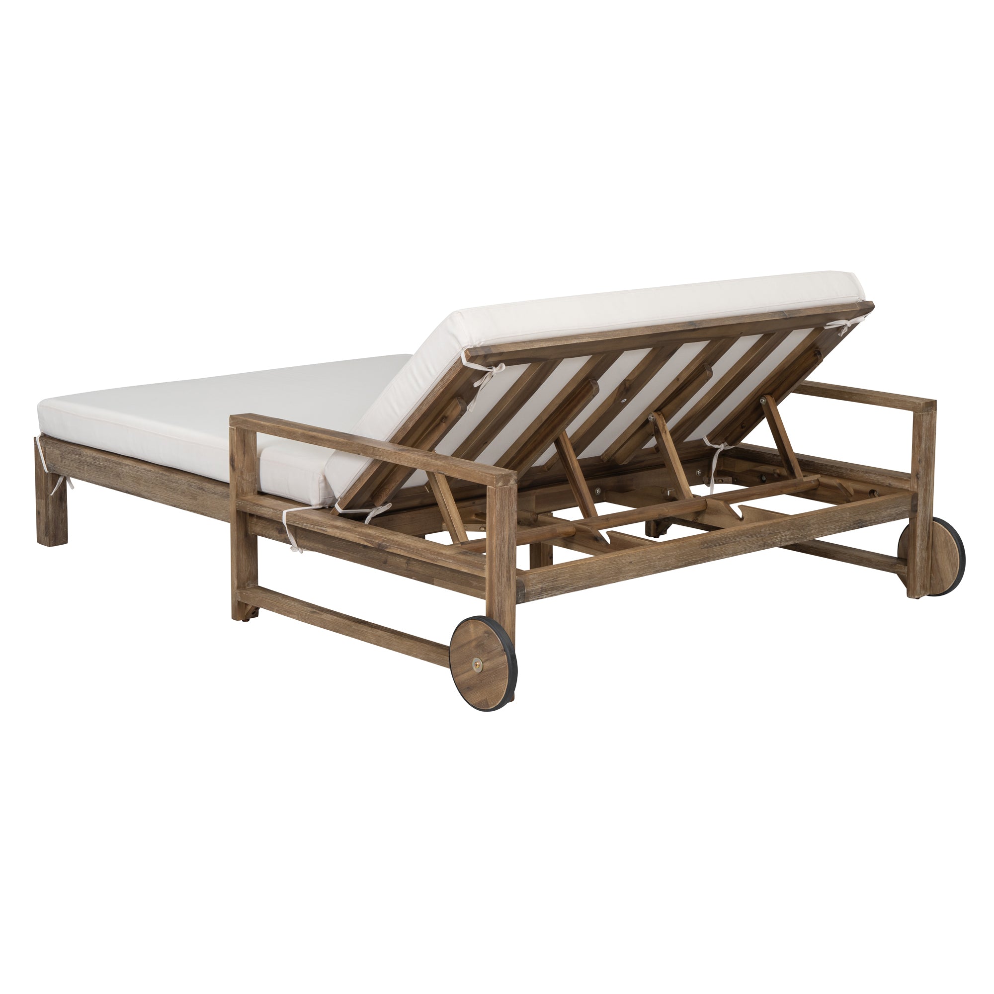 Farmhouse Style Wooden Outdoor Sunbed - 2 Person Daybed for Poolside, Garden & Backyard - Beige Patio Lounge Chair for Relaxing in Sun or Shade