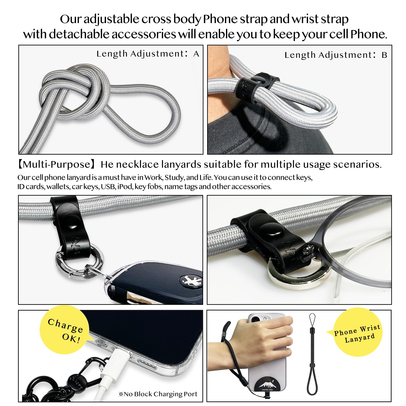 Universal Adjustable Detachable Crossbody Phone Lanyard with Wrist Strap & 2 Phone Tether Patches - Anti-Theft Neck Shoulder Strap for iPhone Samsung (Gray) - Perfect for Travel, Shopping & Outdoor Activities