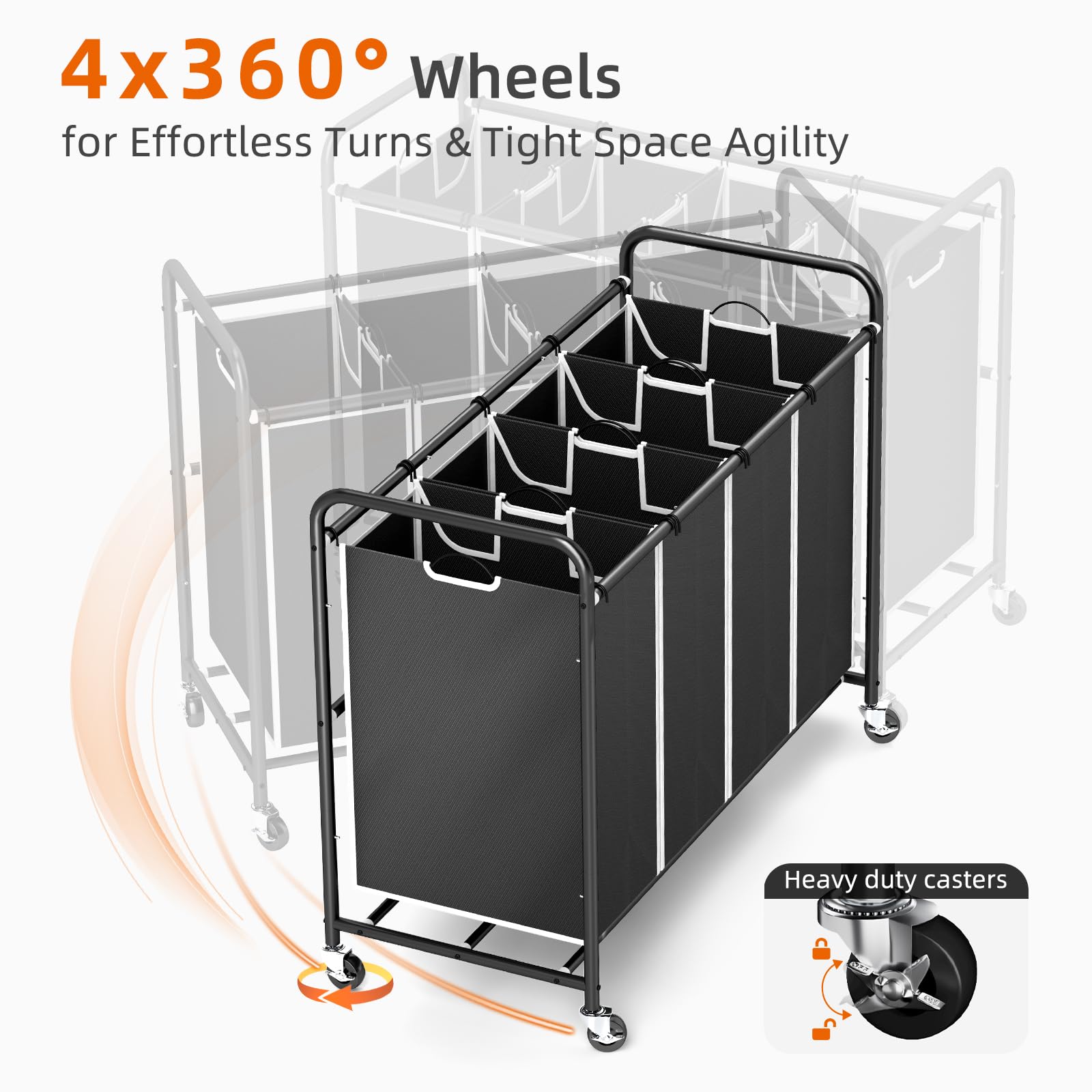 ROMOON 4-Section Heavy Duty Laundry Sorter with Wheels & Removable Bags - Rolling Laundry Hamper Cart for Clothes Organization | Ideal for Laundry Room, Dorm, Apartment & Home Storage (Black)