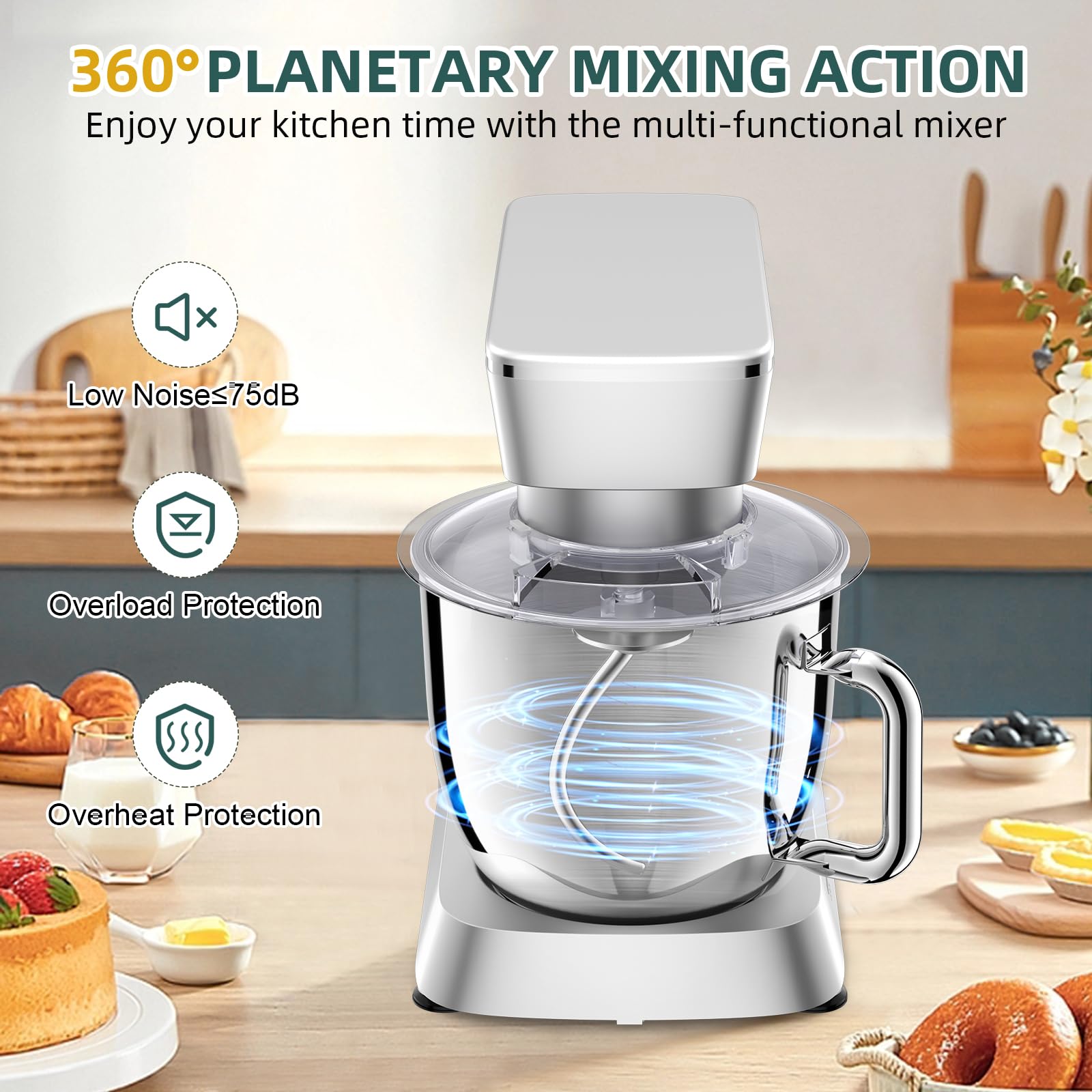 6QT 10-Speed Tilt-Head Stand Mixer - Powerful Kitchen Electric Mixer with Stainless Steel Bowl, Dough Hook, Flat Beater & Wire Whisk - Perfect for Baking Cakes, Cookies, Bread & More - Silver