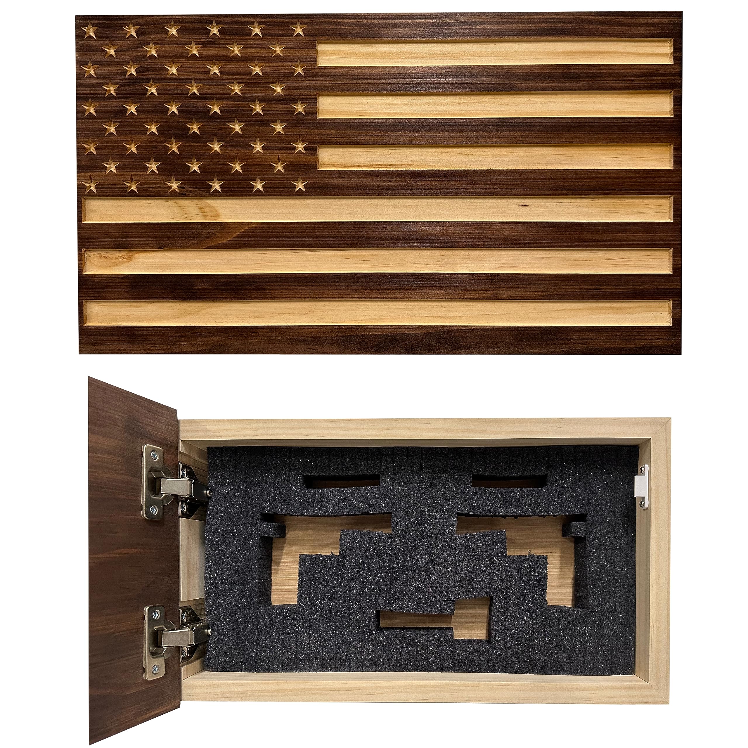 American Flag Hidden Gun Safe - Wooden Concealed Gun Storage Cabinet for Home & Office Security - Red Mahogany by Bellewood Designs | Perfect for Bedroom, Closet or Wall Mount Protection