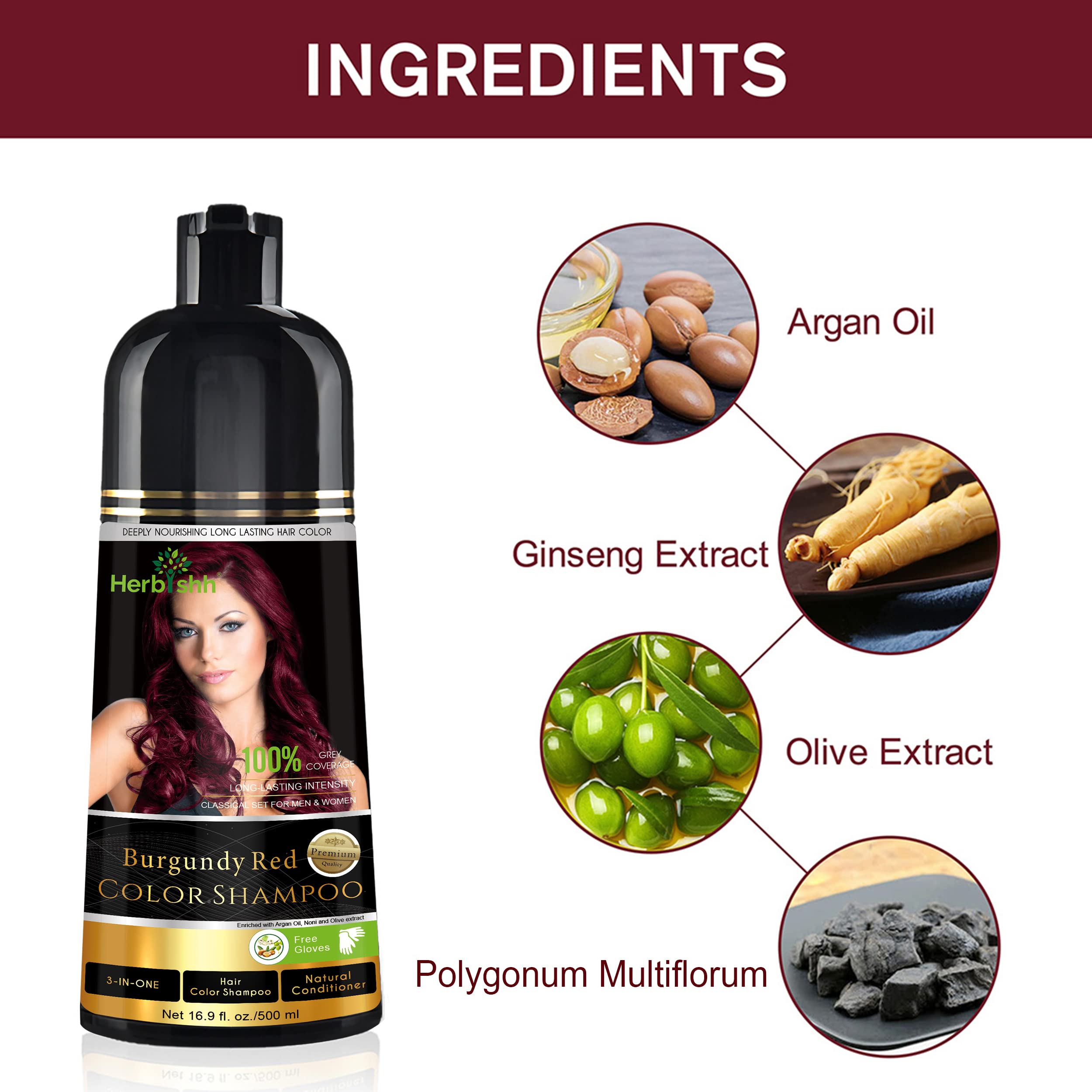 Herbishh Burgundy Hair Color Shampoo & Cream Set - 500ml Gray Hair Coverage & Natural Color Treatment | At-Home Salon Solution for Women & Men with Premature Graying