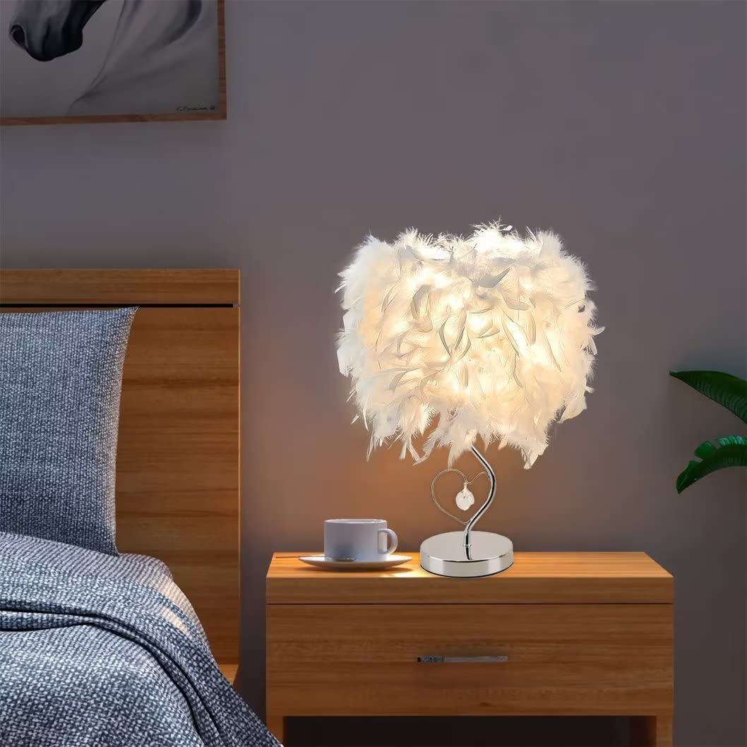 Feather Bedside Lamp - Modern Crystal Heart Table Light with Metal Base for Living Room, Bedroom, Office, Hotel | Elegant Nightstand & Desk Lighting for Cozy Ambiance