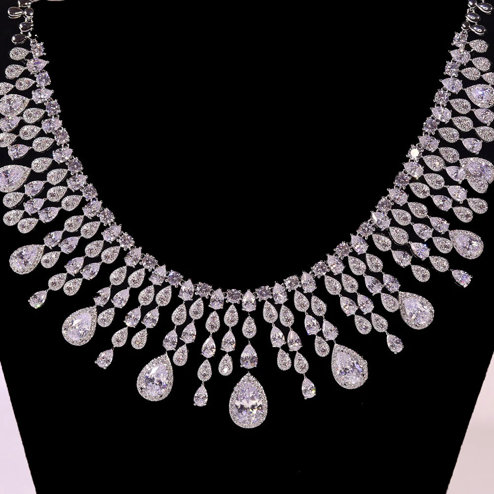 Luxury Water Drop Tassel Jewelry Set with White Cubic Zirconia - Elegant Bridal Necklace & Earrings for Weddings, Prom, Evening Gala & Special Occasions