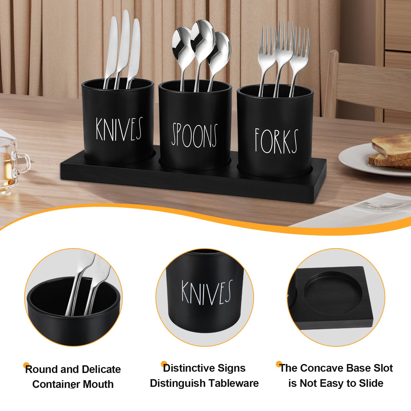4-Piece Black Silverware Caddy with Wood Tray - Farmhouse Kitchen Utensil Holder for Countertop Organization - Perfect for Parties, Dining & Farmhouse Decor