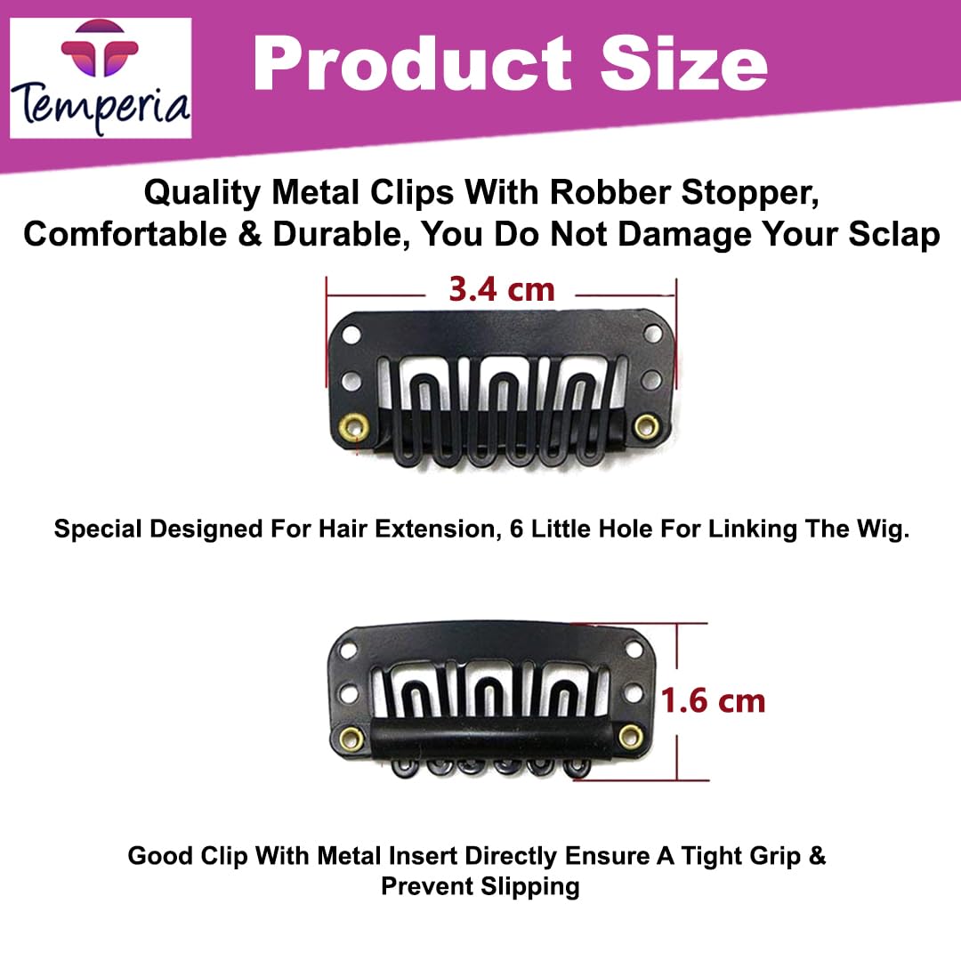 TEMPERIA 50 Pcs Hair Extension Clips for Women & Men - Black Snap Wig Clips (3.4 cm) - Secure Hair Patch Attachments for Daily Styling, Cosplay & Costume Parties