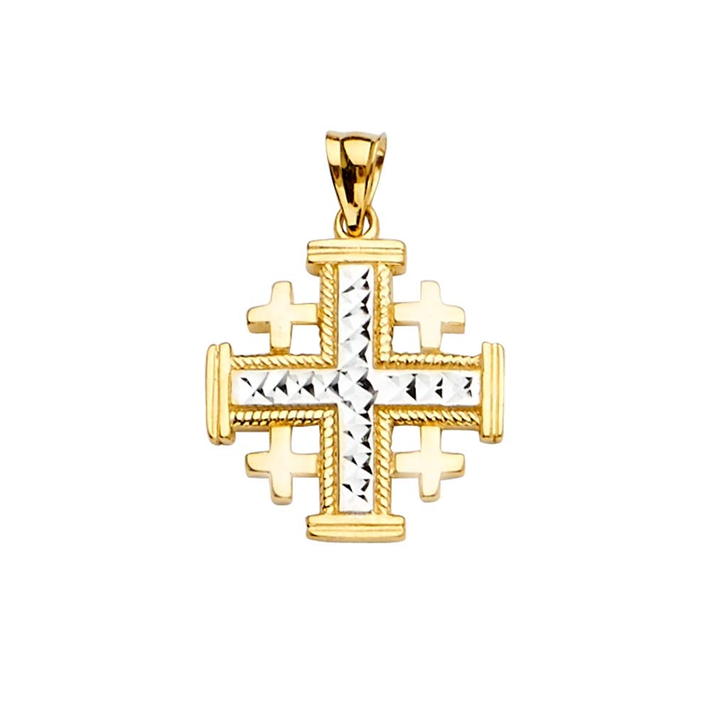 14K White Gold & Yellow Gold Jerusalem Cross Pendant Necklace - 18x25mm Religious Jewelry Gift for Women - Perfect for Church, Weddings & Special Occasions