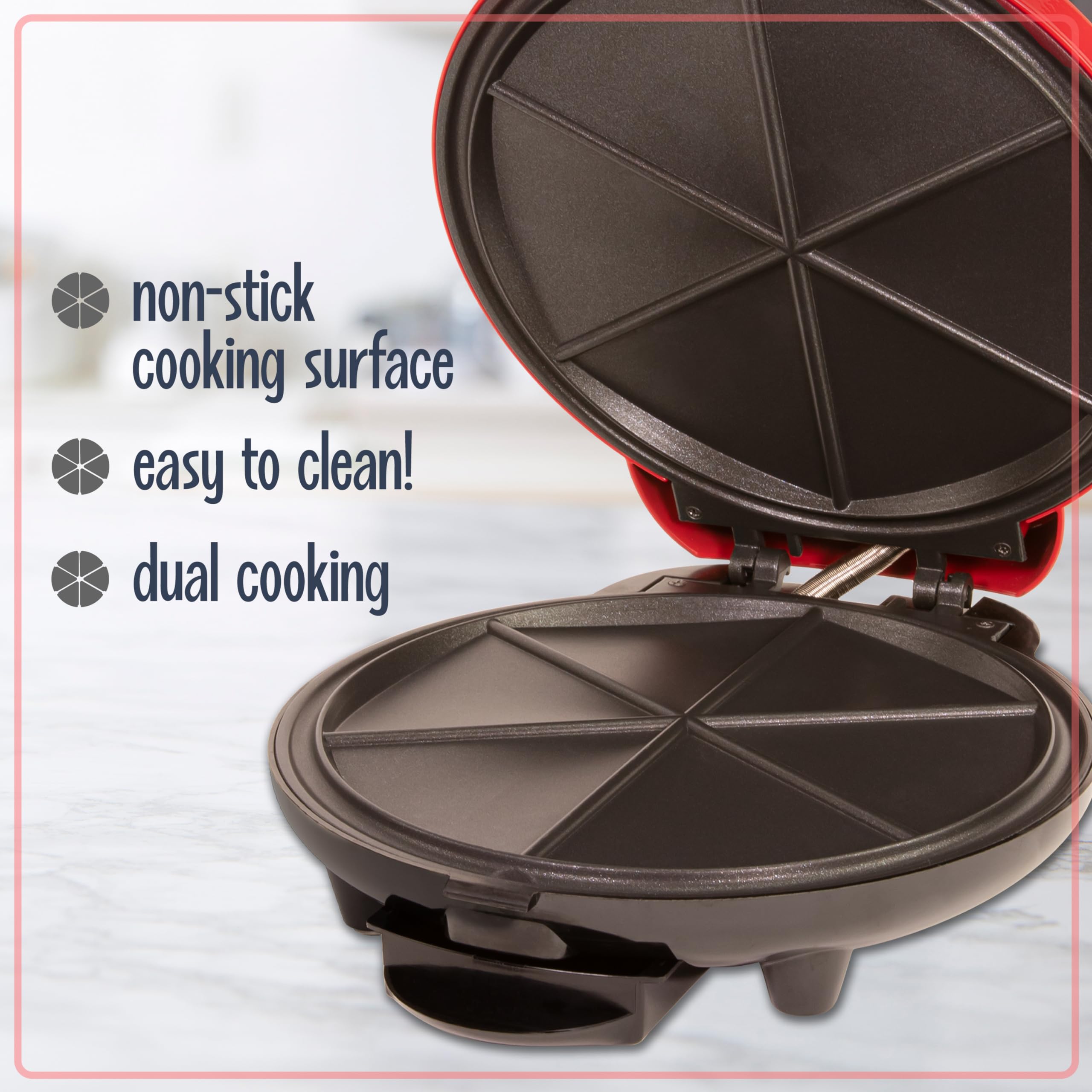 Nostalgia 6-Wedge Electric Quesadilla Maker with Extra Stuffing Latch - 8-Inch Red Non-Stick Surface for Perfect Mexican Snacks - Ideal for Parties, Family Gatherings & Quick Meals