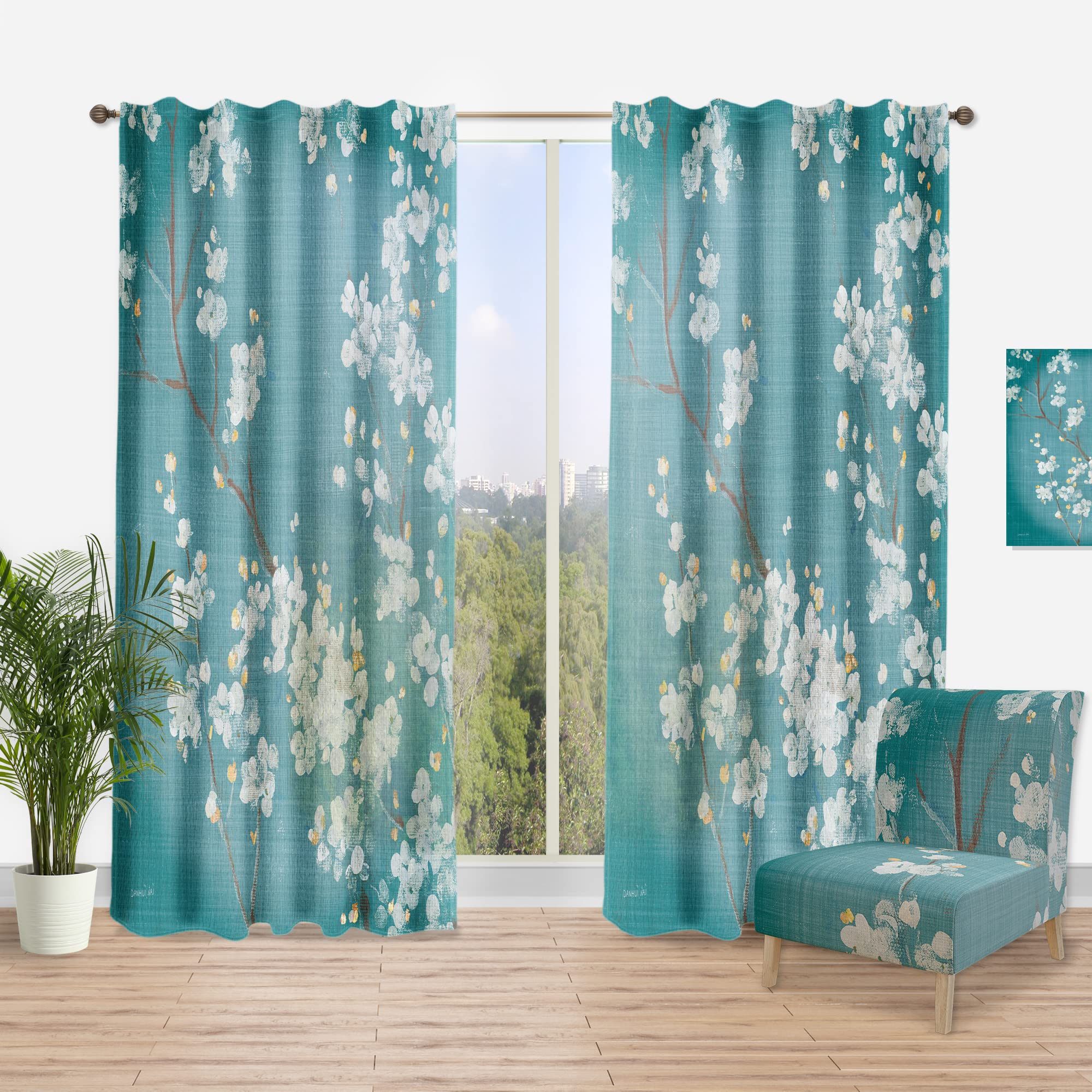 DesignQ Blue Cherry Blossom Thermal Insulated Curtain Panel - 52x84 Inches - Bedroom & Living Room Window Drapes for Home Decor & Energy Efficiency