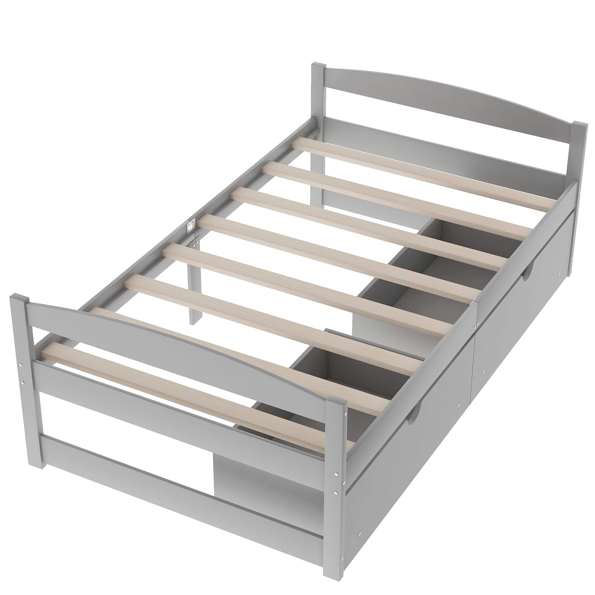 Rhomtree Twin Size Wooden Platform Bed Frame with Headboard & 2 Storage Drawers - Grey - Modern Bedroom Furniture for Small Spaces & Guest Rooms