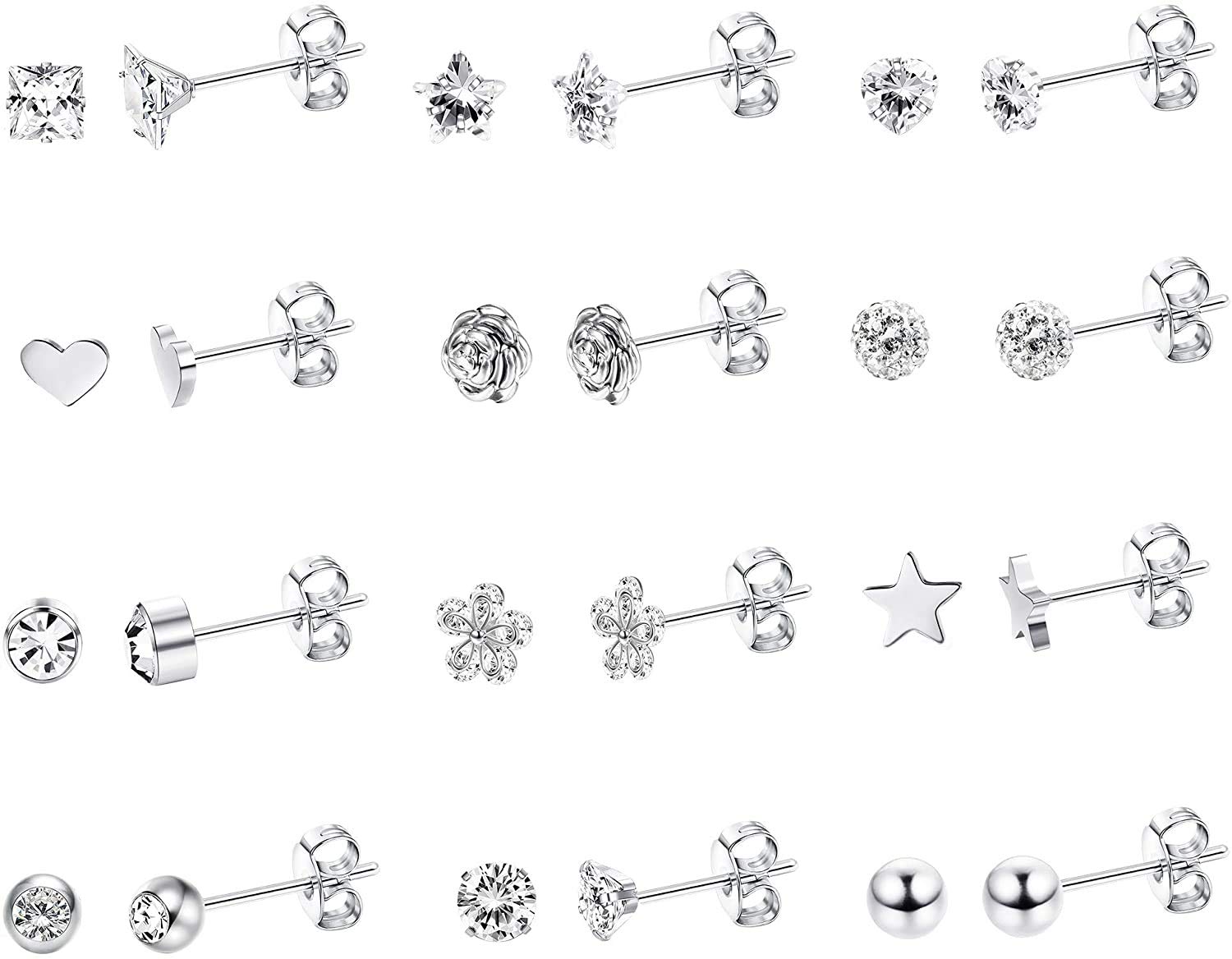 12 Pairs Dainty Surgical Steel Earrings for Women - CZ Flower Heart Star Ball Studs Set, Tragus & Cartilage Earrings | Perfect for Everyday Wear, Gifts & Special Occasions