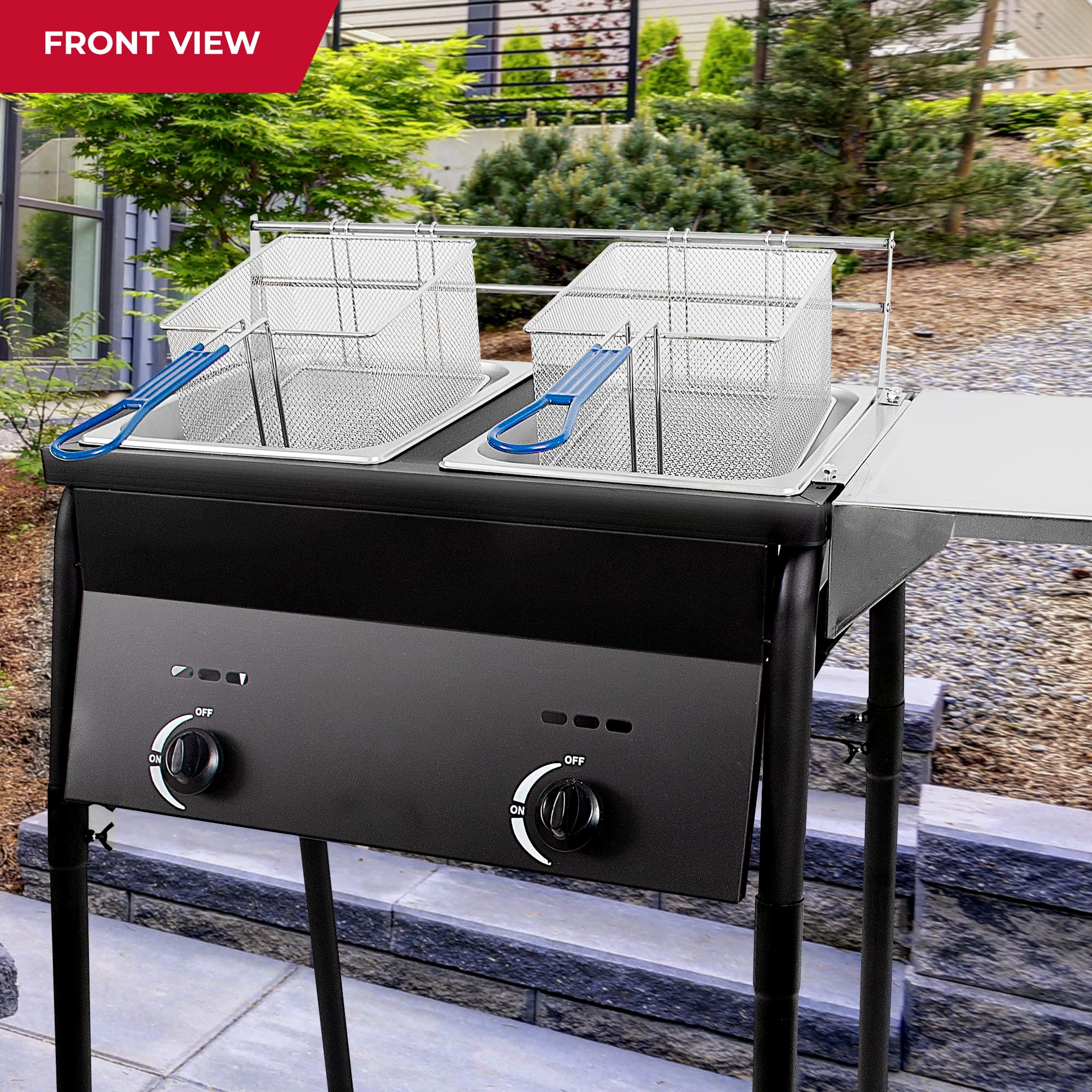 Cast Iron Black Deep Fryer - Dual Tank Outdoor Propane Deep Fryer with 2 Stainless Steel Baskets & Lids - Adjustable Temperature Gas Fryer with Regulating Knobs - Large Oil Capacity for Backyard BBQ, Tailgating & Outdoor Cooking