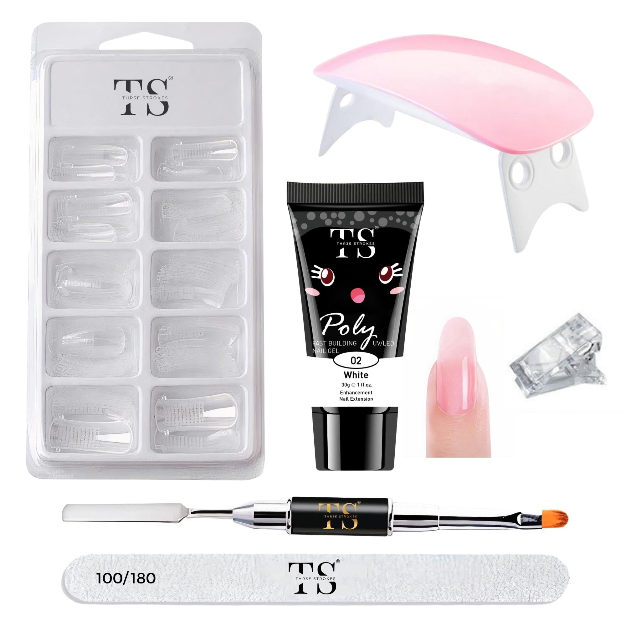 Professional Poly Nail Extension Gel Kit - UV Builder Gel for Nail Art with 1 Polygel Tube, 100 Clear Nails, Buffer, Dual Spatulas, Nail Brush & Clips + Mini UV Lamp (White) | Perfect for Salon, Home Manicures & DIY Nail Extensions