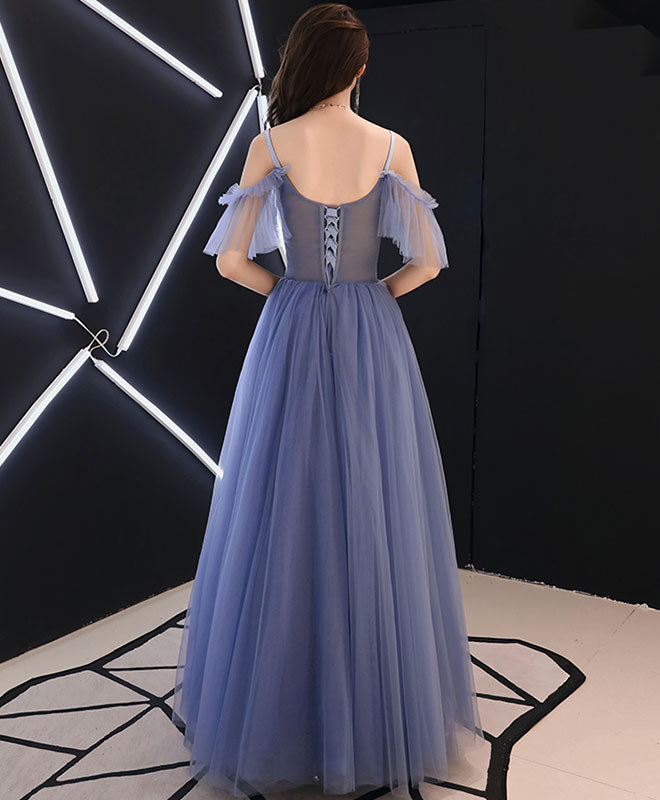 Elegant Blue V-Neck Tulle Lace Long Prom Dress | Formal Evening Gown for Women | Perfect for Homecoming, Ball, Wedding & Special Occasions