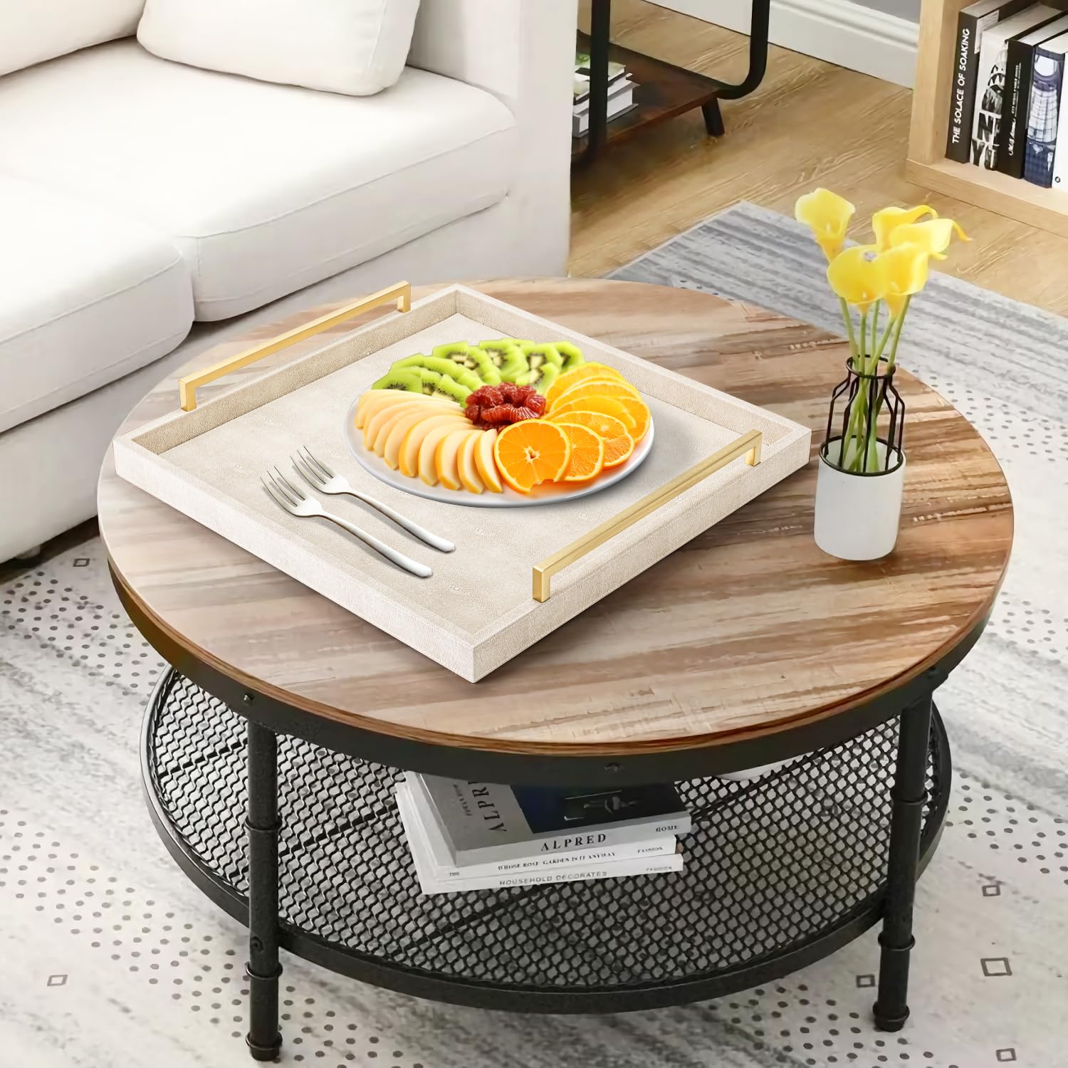 Large Square Shagreen Leather Ottoman Tray with Gold Handles - Decorative Coffee Table Tray for Living Room, Bedroom & Office Organization | Perfect for Serving, Display & Home Decor