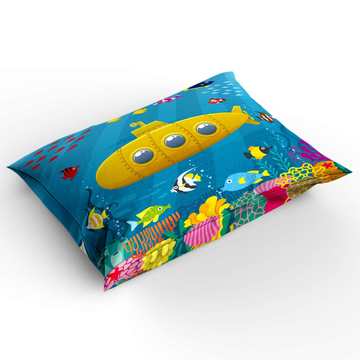 Trendy Kids Bedding Set - Soft Yellow Cartoon Submarine Duvet Cover & Sheet Set for Boys & Girls, 4-Piece Queen Size (1 Flat Sheet, 1 Duvet Cover, 2 Pillowcases) - Breathable & Lightweight Cotton - Perfect for Kids' Bedrooms, Sleepovers & Nursery Decor
