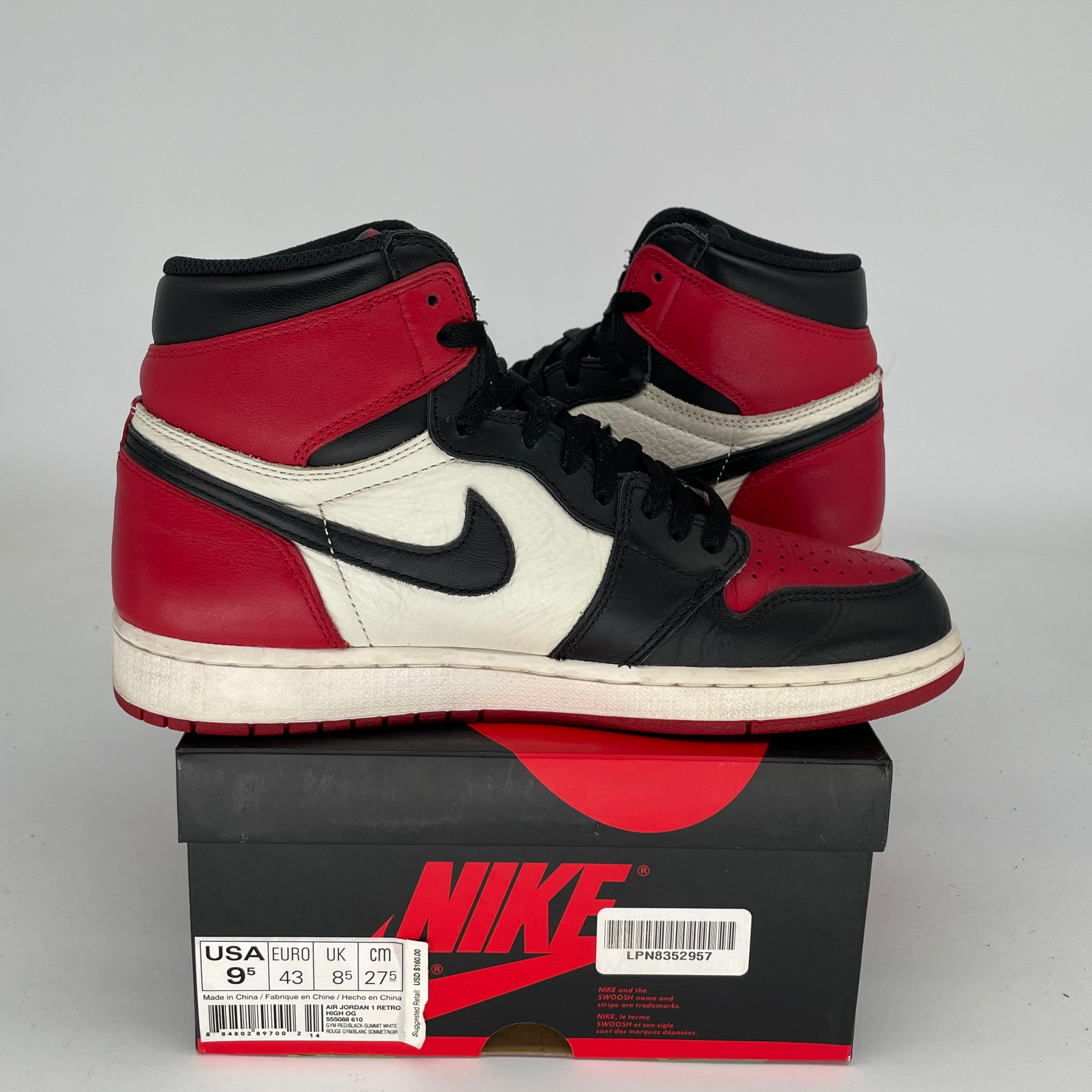 AIR JORDAN 1 BRED TOE Men's Basketball Shoes Size 9.5 (555088-610) - Retro High Tops for Sneaker Collectors & Streetwear Fashion