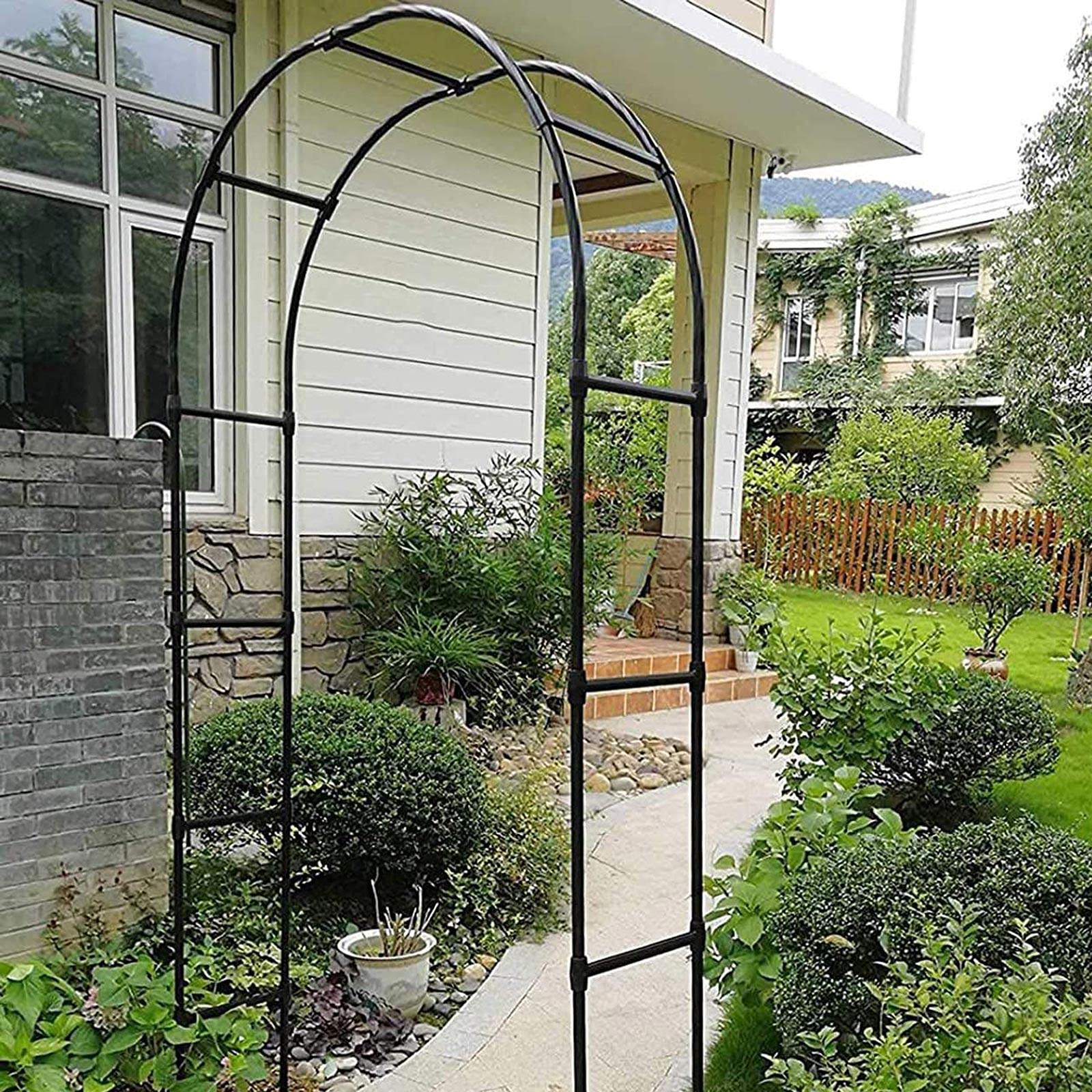 QMJ Black Metal Garden Arch - 4.6ft Tall Rose Archway for Climbing Plants, Flowers & Vines (1.42m x 2.3m) - Perfect for Wedding Decor, Garden Pathways & Outdoor Landscaping