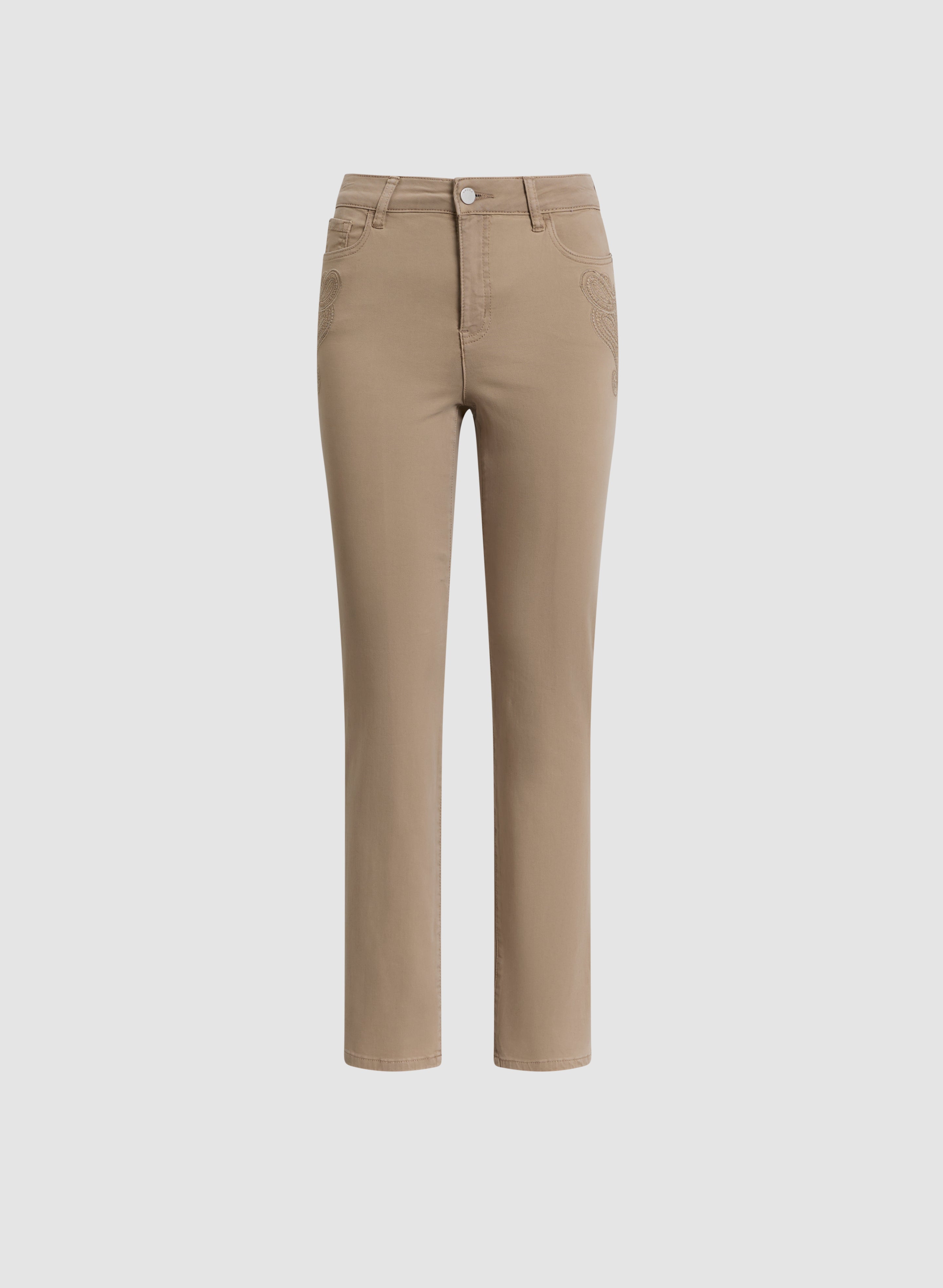 Embroidered Straight Leg Denim Pants for Women - High Waist Stretch Jeans with Floral Design | Casual & Office Wear