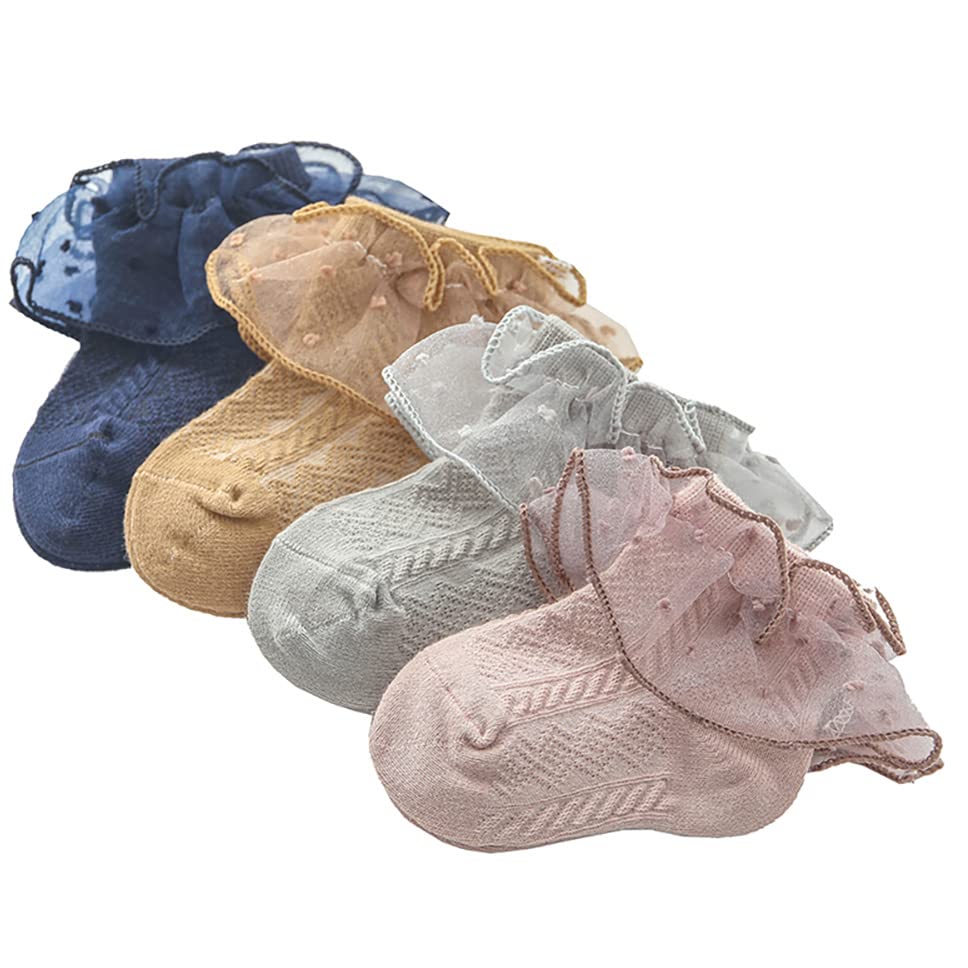 BQUBO Baby Girls Socks - Cute Ruffle Lace Ankle Socks for Newborns & Toddlers - Soft Cotton Dress Socks for Special Occasions & Daily Wear