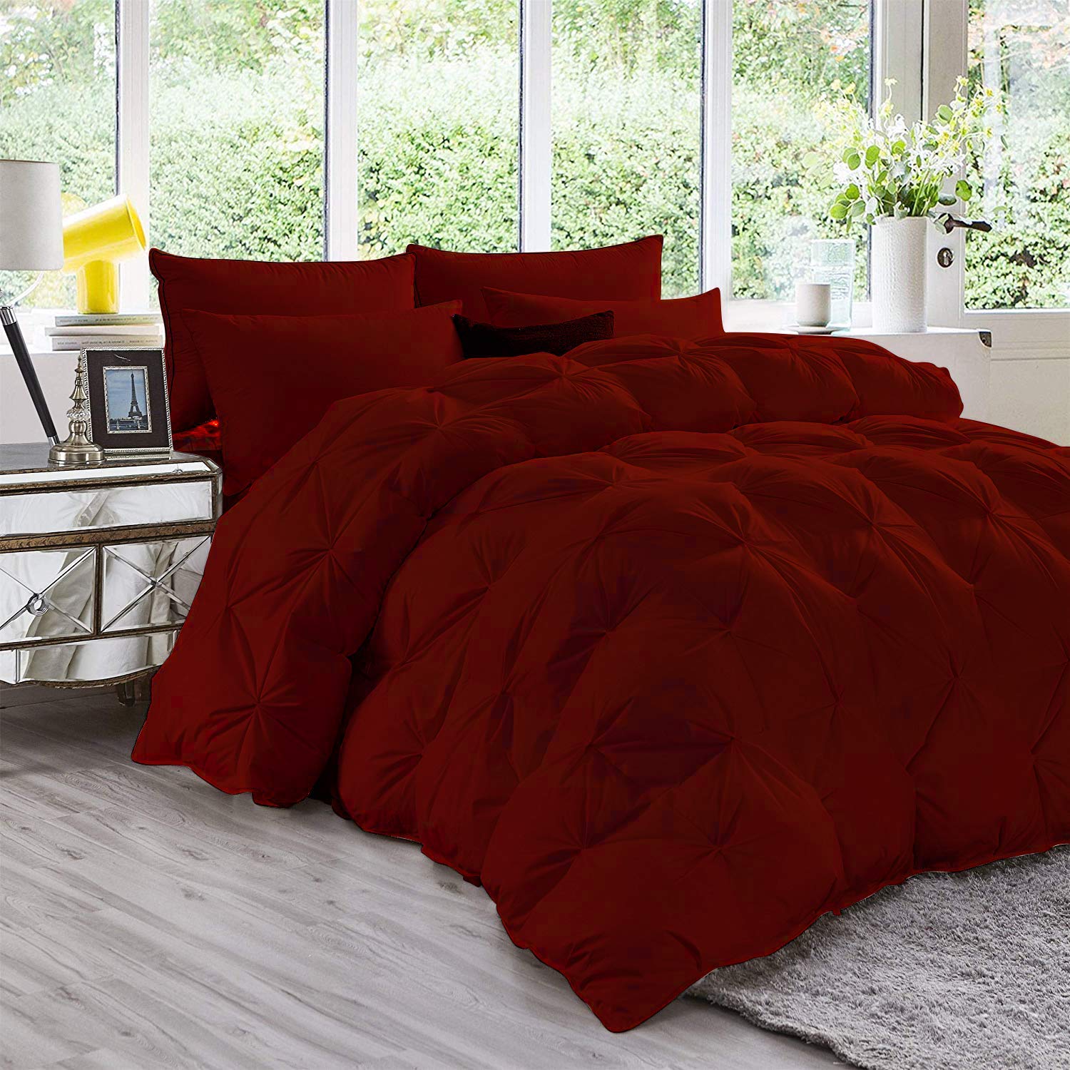 DUEEA Pinch Pleated Comforter - Full/Queen Size 90x90 Inches, 400GSM 100% Egyptian Cotton 800 Thread-Count Burgundy Solid Bedding Set - Luxury Hotel Style Comforter for Master Bedroom, Guest Room & Dorm Decor
