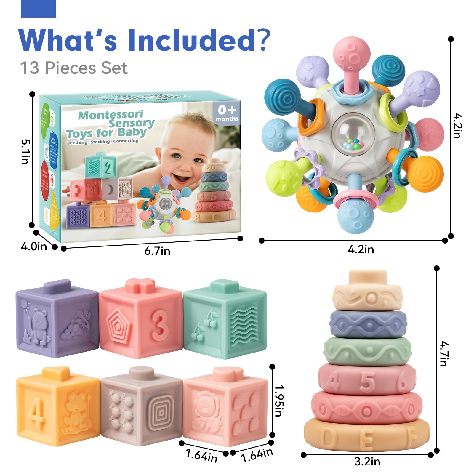 SpringFlower 3-in-1 Montessori Baby Toys - Rattle Teether, Soft Stacking Rings & Sensory Blocks for 0-18 Months | Developmental Learning Toys for Infants & Toddlers | Perfect for Playtime, Teething Relief & Early Education