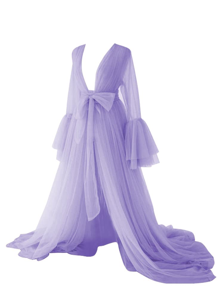 Elegant Women's Maternity Tulle Robe - Long Sleeve Bridal Gown & Pregnancy Photoshoot Dress - Soft Bathrobe & Nightgown for Baby Shower, Maternity Shoot & Relaxing at Home