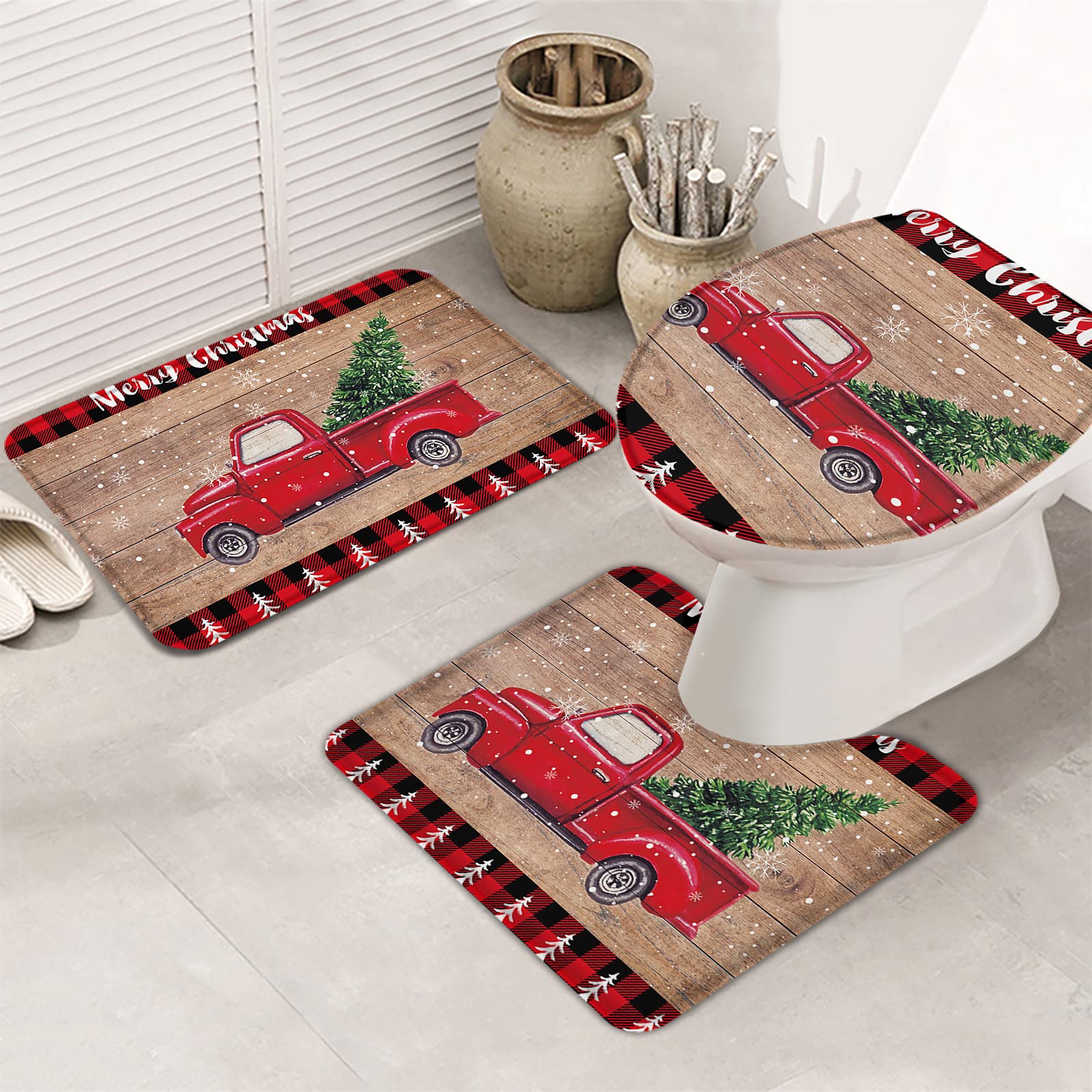 3-Piece Non-Slip Christmas Red Truck Bathroom Rug Set with Rubber Backing - Pine Tree & Wooden Plank Decor for Kids Bathroom - Perfect for Holiday Home Decor & Cozy Winter Bathroom Makeover