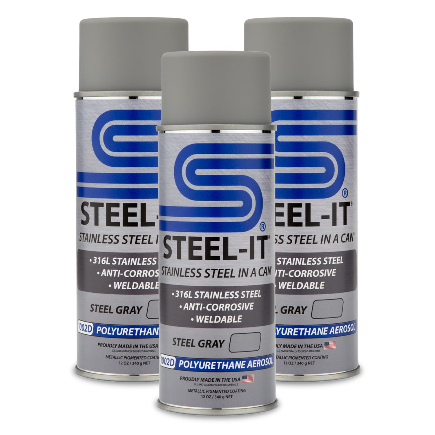 Steel-It 1002D Polyurethane Aerosol Spray Paint - Industrial Grade Weldable Coating, Steel Gray (3 Pack) - Rust Protection for Metal Surfaces, Equipment & Automotive Parts