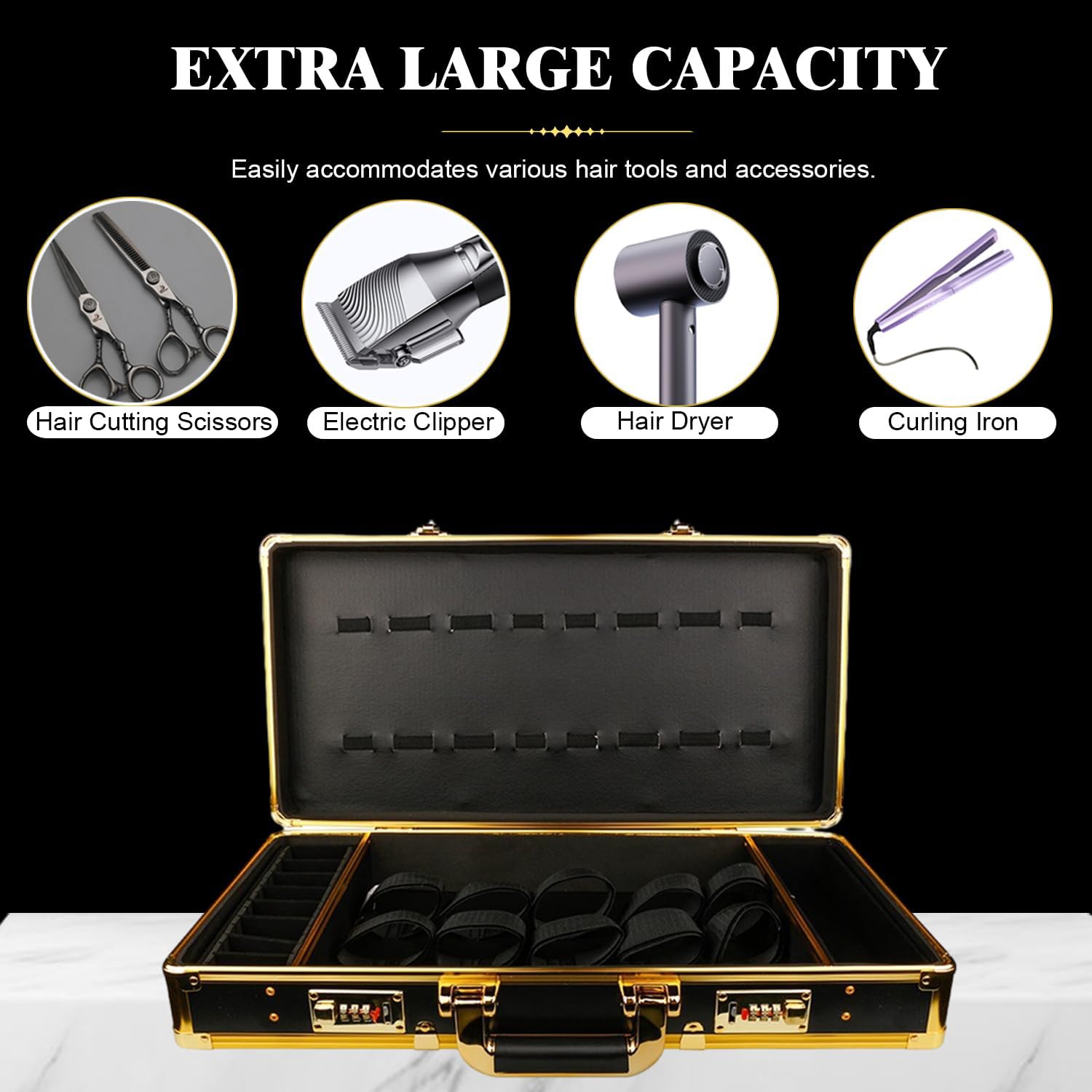 GYKLE Professional Barber Case for Clippers & Tools - Portable Hairdressing Storage Organizer with Handle & Secure Numlock - Travel-Friendly Gold Barber Supply Case for Salon, Home & On-the-Go Stylists