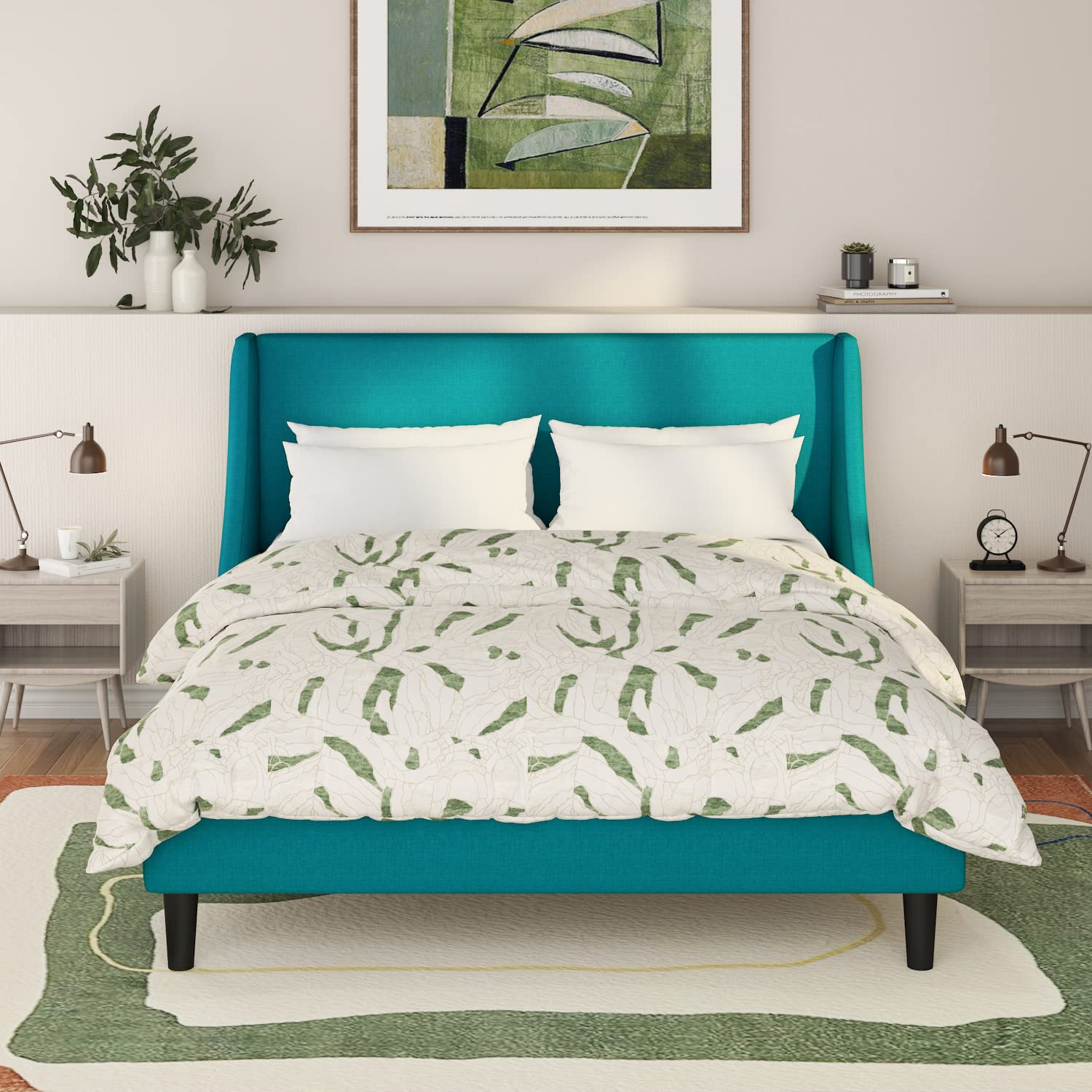 Modern Queen Size Wingback Platform Bed Frame with Upholstered Headboard - No Box Spring Needed, Easy Assembly in Blue Velvet Fabric | Perfect for Master Bedrooms, Guest Rooms & Modern Home Decor