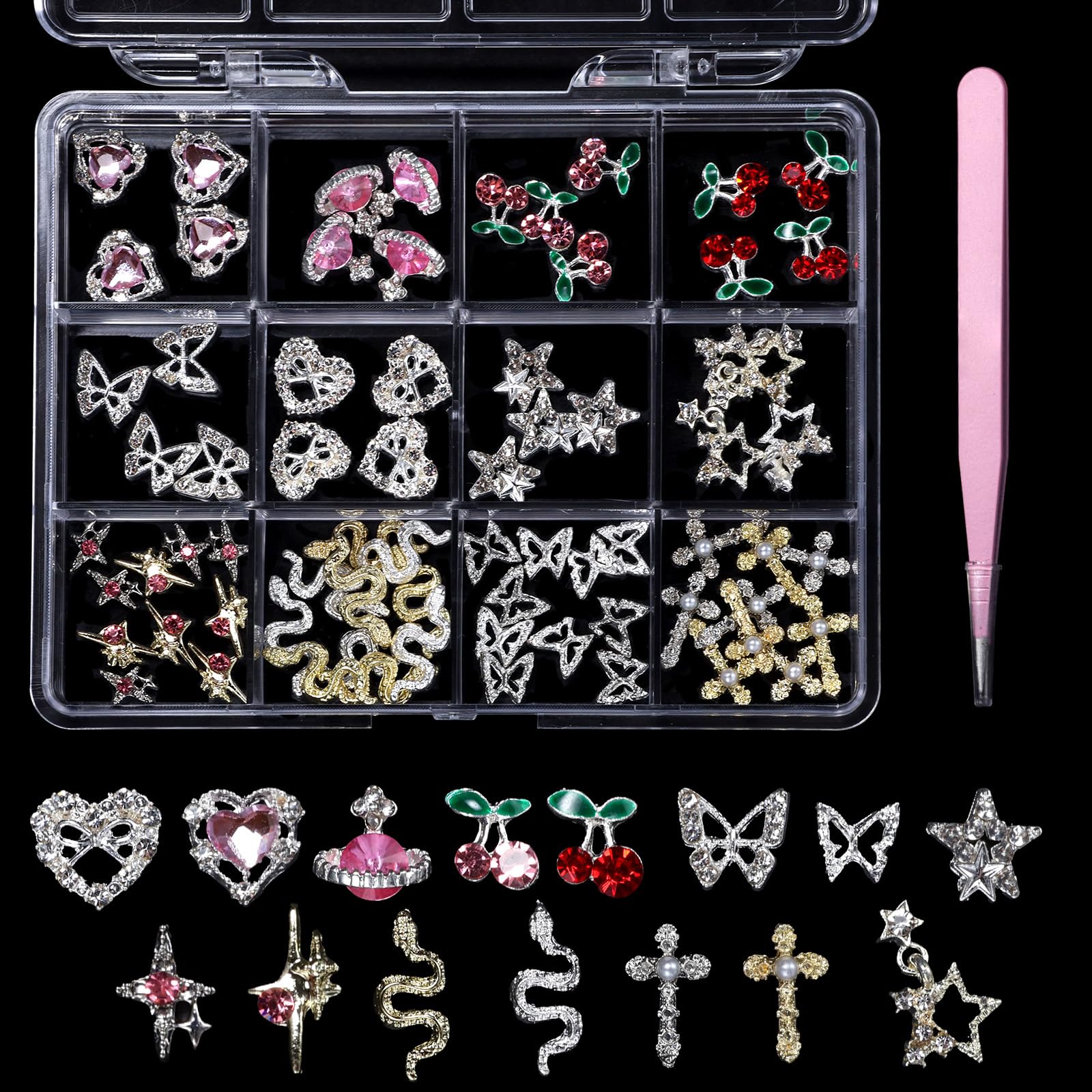72 Pcs 3D Silver Nail Gems Charms - Butterfly, Star, Snake & Cross Nail Art Decorations for Acrylic Nails | Professional Nail Art Supplies with Pickup Tool | Perfect for DIY Manicures, Salon Nail Designs & Party Nail Art