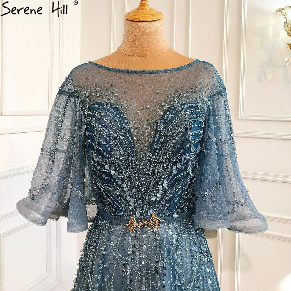 Elegant Green Long Flare Sleeves Evening Gown with Beading - A-Line Luxury Party Dress for Women 2025 | Perfect for Prom, Gala & Formal Events - Serene Hill LA70822