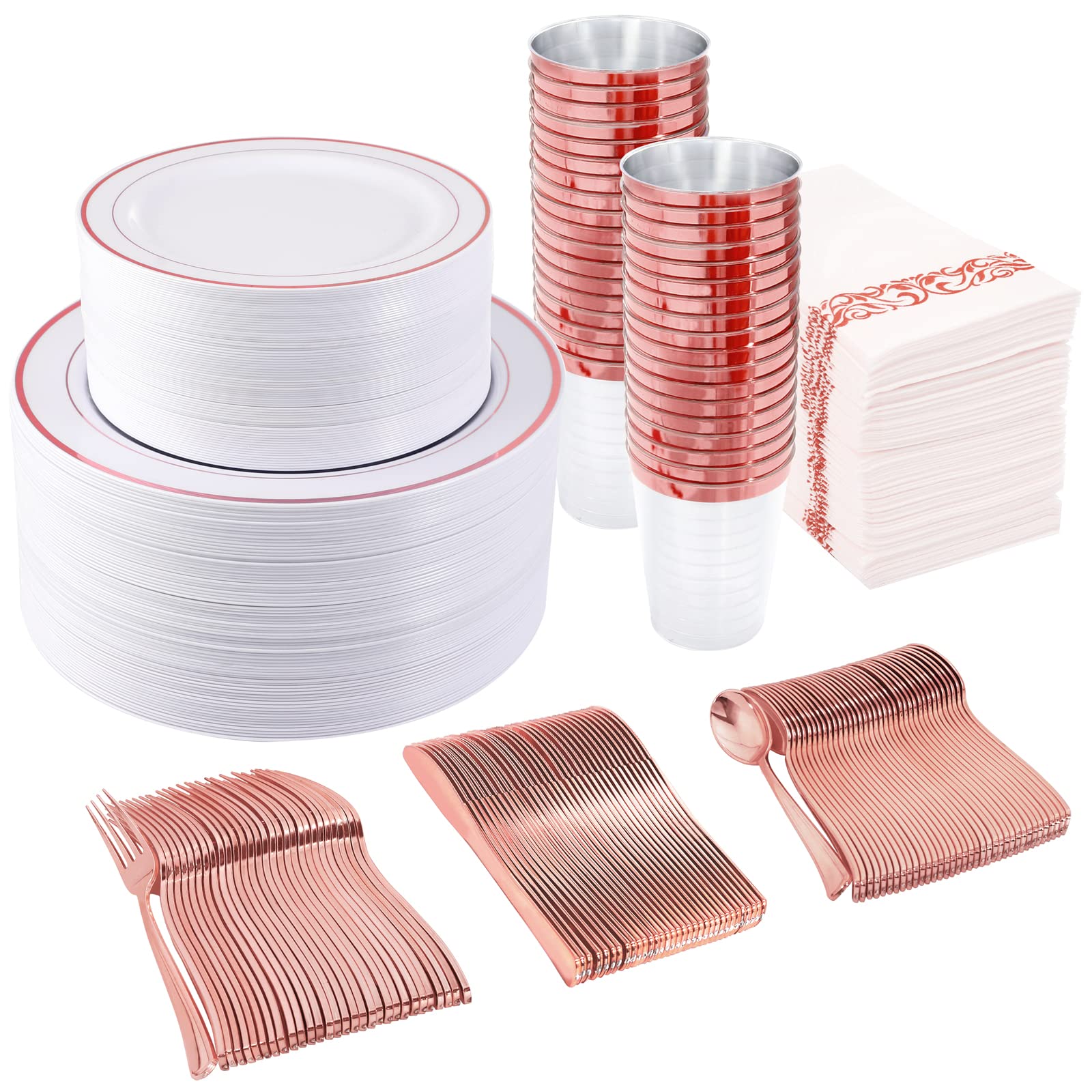 700-Piece Rose Gold Dinnerware Set - 200 Disposable Plates, 100 Paper Napkins, 100 Cups & 100 Plastic Silverware - Elegant Party & Wedding Tableware for 100 Guests - Perfect for Bridal Showers, Banquets, and Special Events
