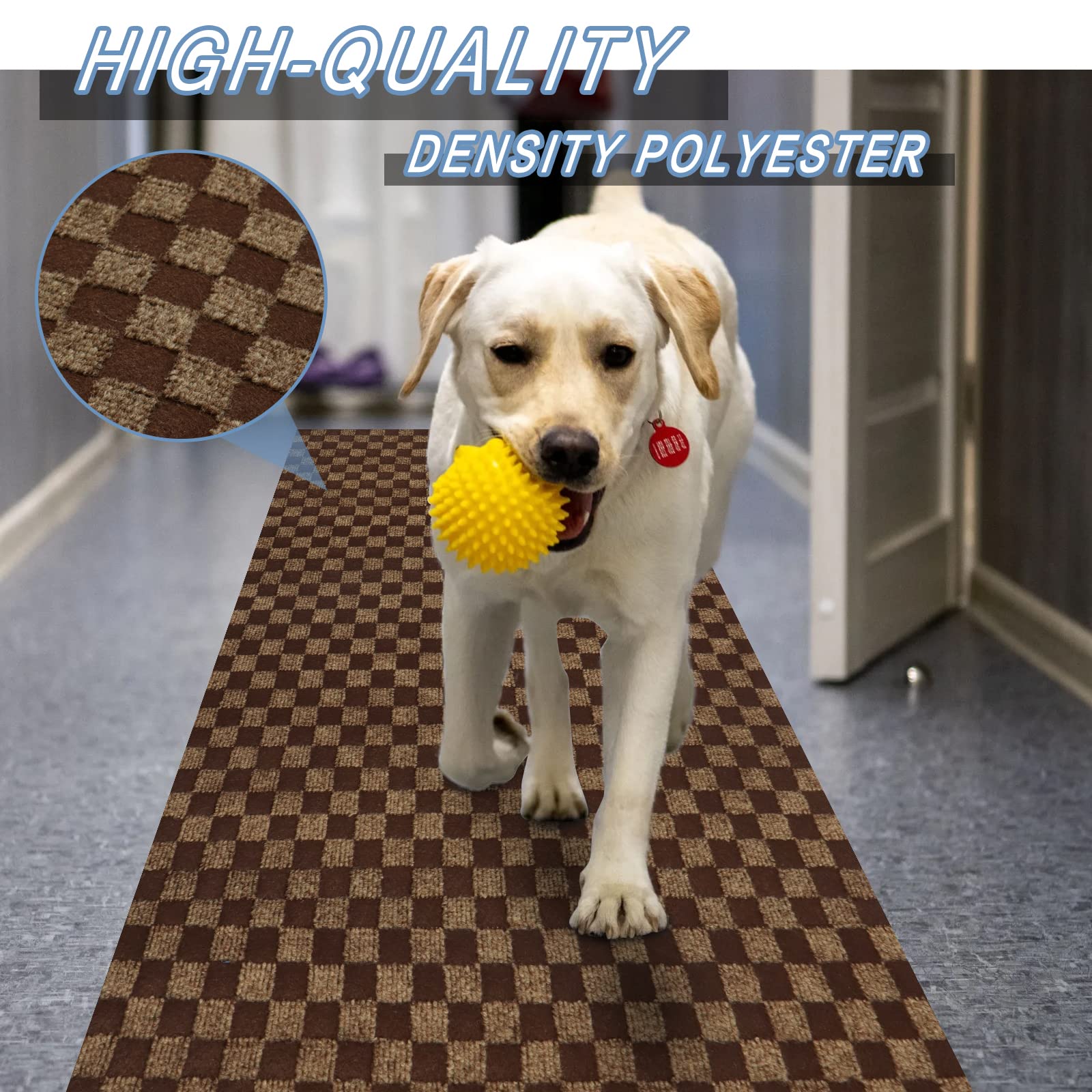 FREADEM 2' x 41' Runner Rugs - Non-Slip Indoor Outdoor Carpet for Hallway, Stairs, Entryway - Brown Checkered Design - Perfect for Home, Office, Balcony & Garage Use