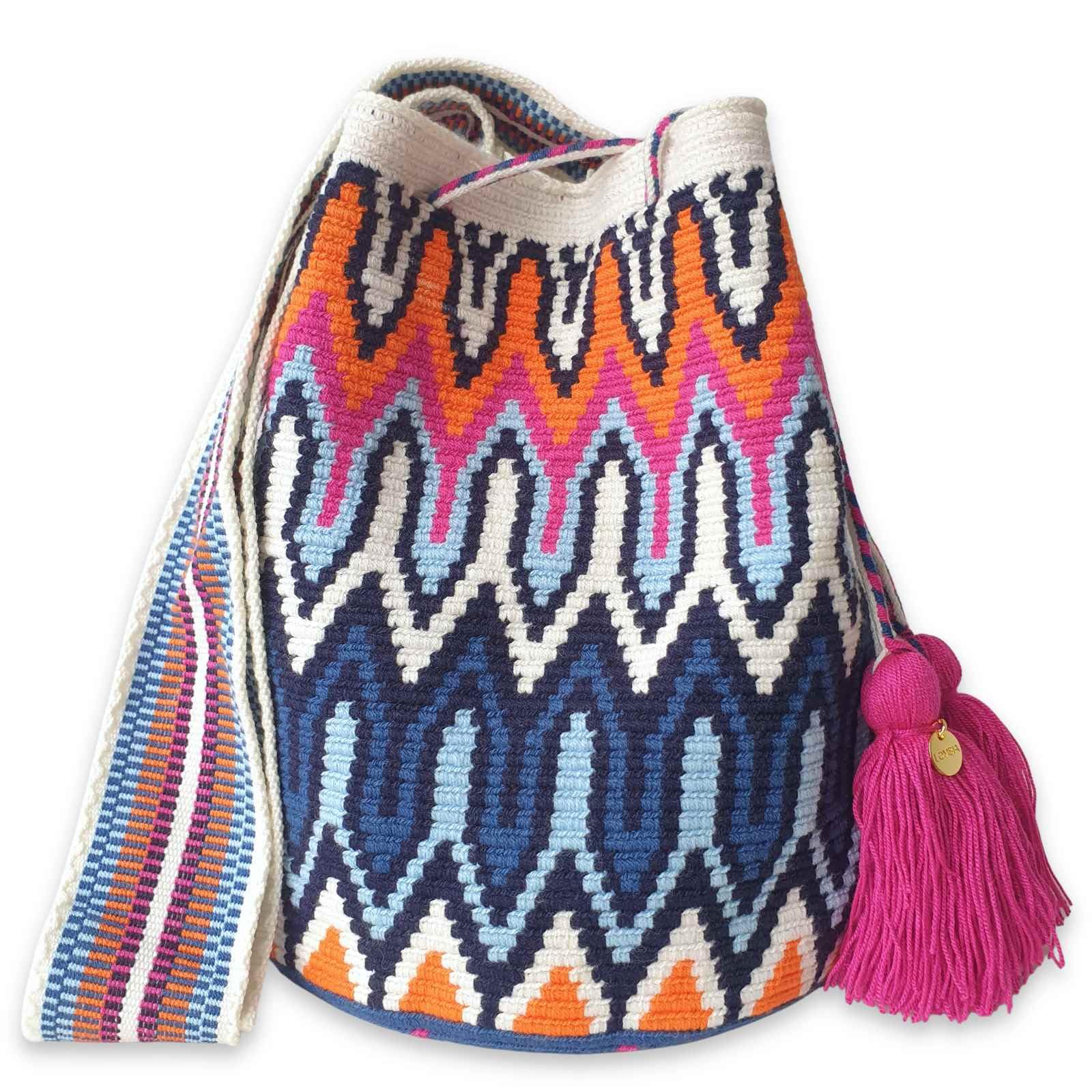 Authentic Handmade Colombian WAYUU Bag - Original Crochet Crossbody Bucket Purse | Ethical Artisan Mochila (Fuego) | Perfect for Beach, Travel & Boho Fashion Accessories