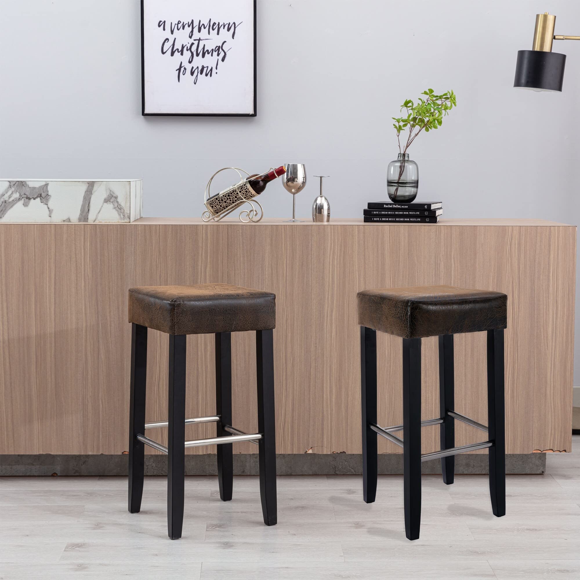Modern Upholstered Bar Stools Set of 2 - Counter Height Dining Chairs for Kitchen Island, Pub & Home Bar - Black & Brown Contemporary Design - Perfect for Breakfast Nook, Restaurant & Entertainment Areas