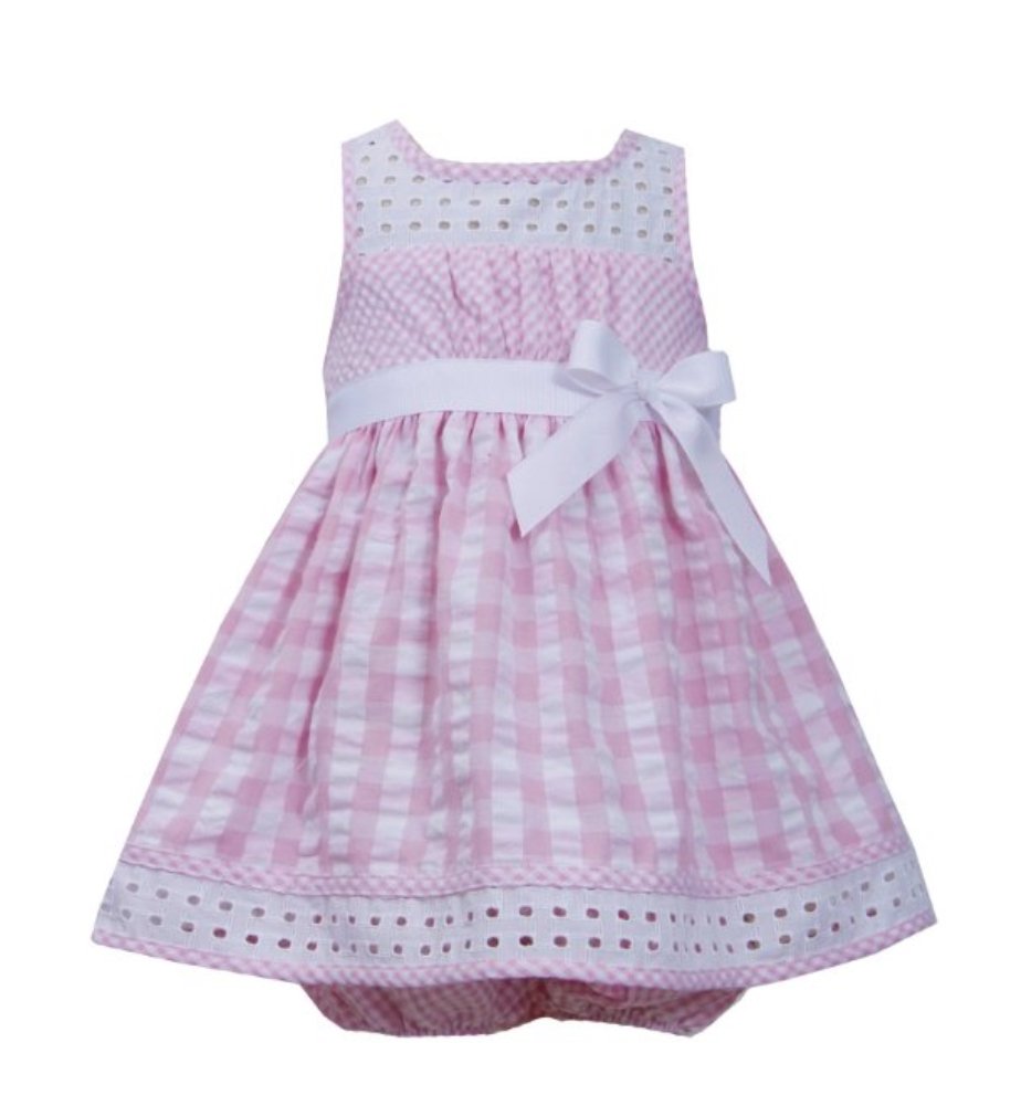 Pink & White Seersucker Baby Dress for Girls 12-24 Months - Twin Check Eyelet Trim - Perfect for Summer Outfits, Photoshoots & Special Occasions